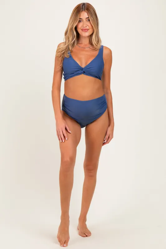 Blue Gray Twist Front V-Neck Maternity Bikini Set made by Pinkblush
