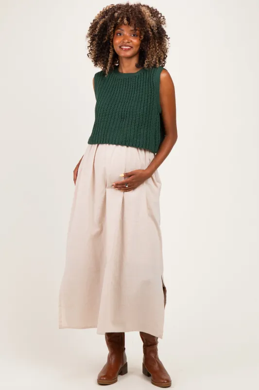 Forest Green/ Taupe Sleeveless Sweater Top Colorblock Maternity Midi Dress made by In February