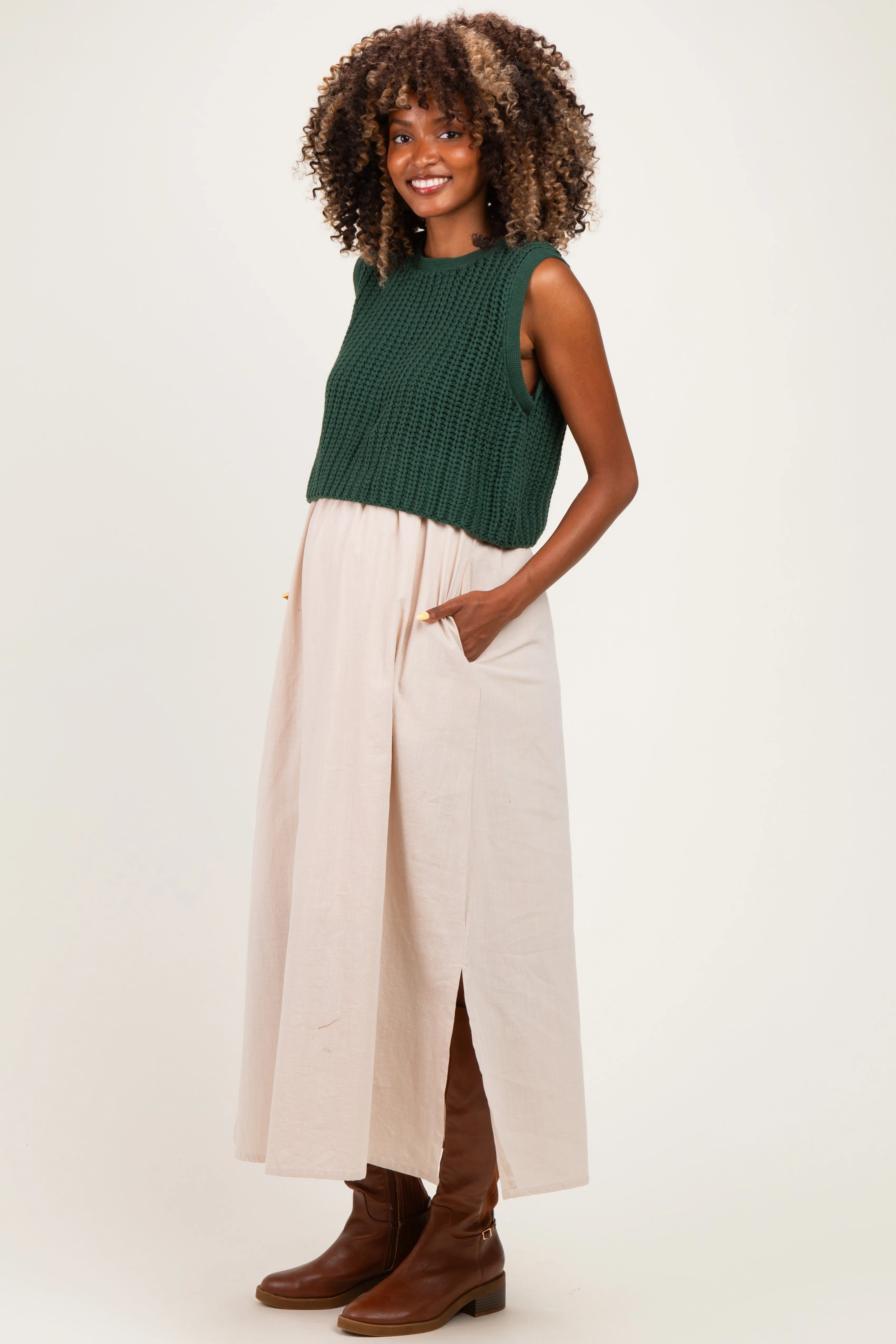Forest Green/ Taupe Sleeveless Sweater Top Colorblock Maternity Midi Dress sold by Pinkblush product image thumbnail 2