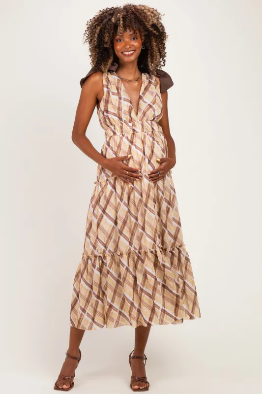 Brown Plaid Shoulder Tie Maternity Dress made by Storia