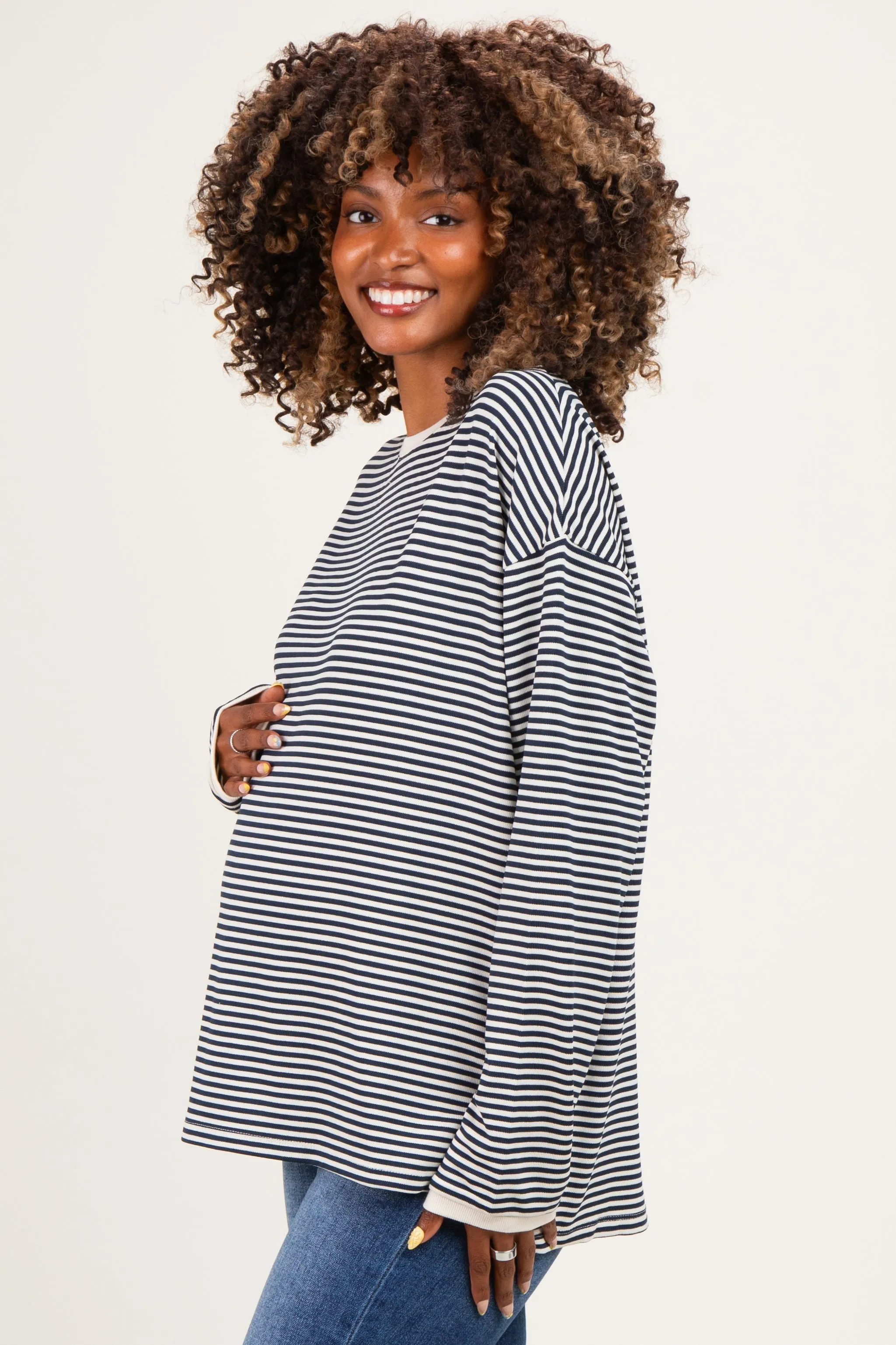 Navy Striped Oversized Maternity Long Sleeve Top sold by Pinkblush product image thumbnail 3