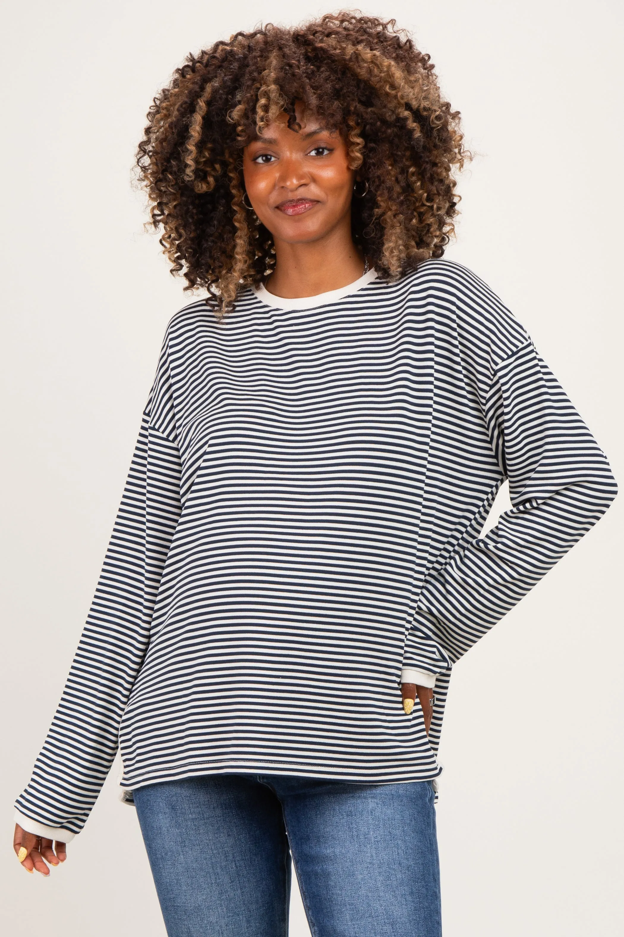 Navy Striped Oversized Maternity Long Sleeve Top sold by Pinkblush