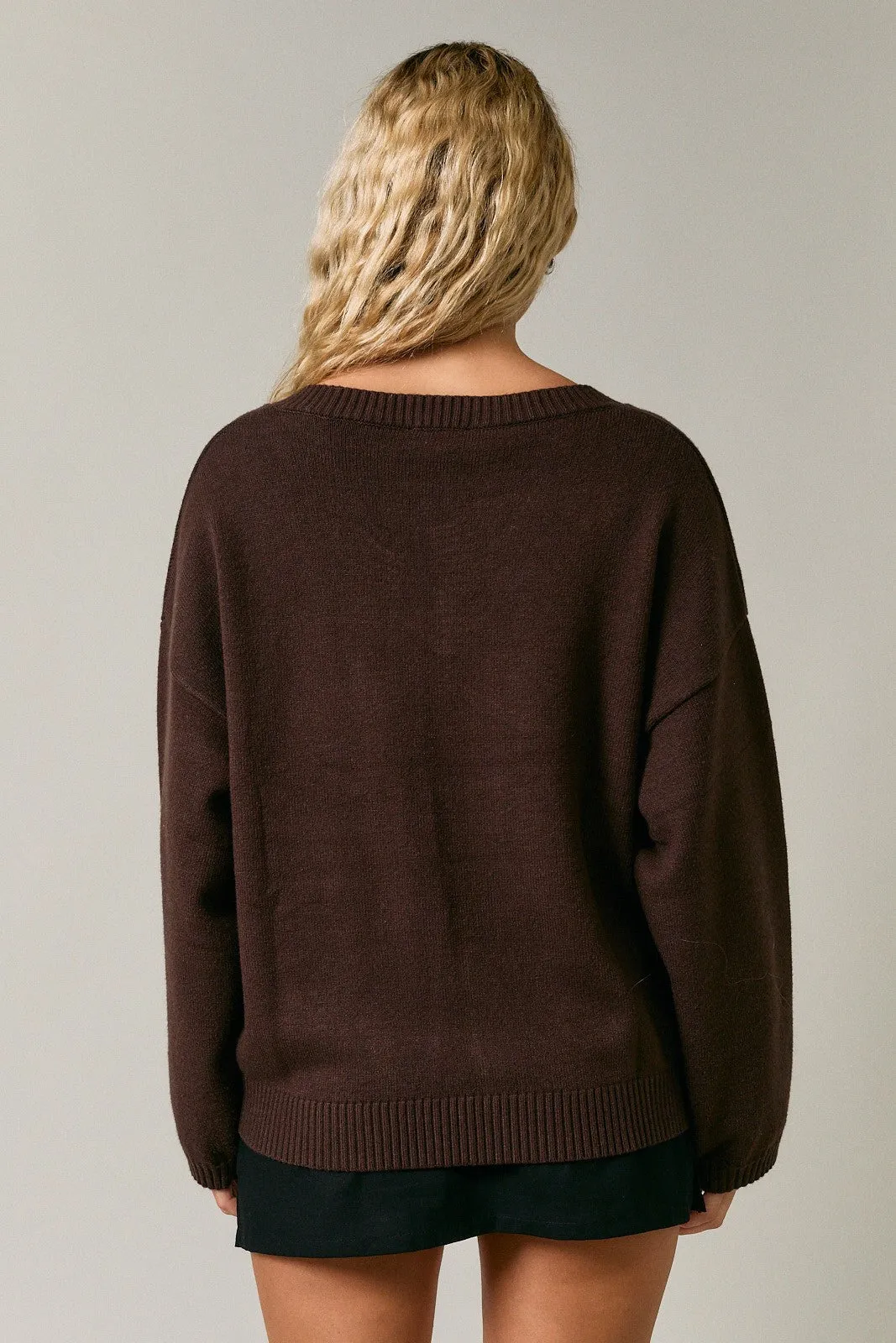Dark Brown V-Neck Drop Shoulder Sweater sold by Pinkblush product image thumbnail 3