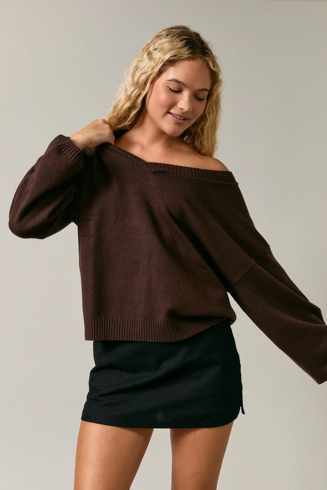 Dark Brown V-Neck Drop Shoulder Sweater sold by Pinkblush product image thumbnail 2