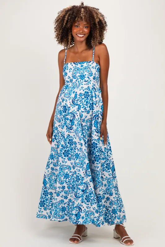 Blue Floral Damask Maternity Maxi Dress made by Olivaceous