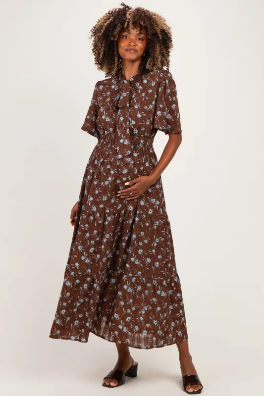 Brown Floral Neck Tie Tiered Maternity Midi Dress made by tea n rose
