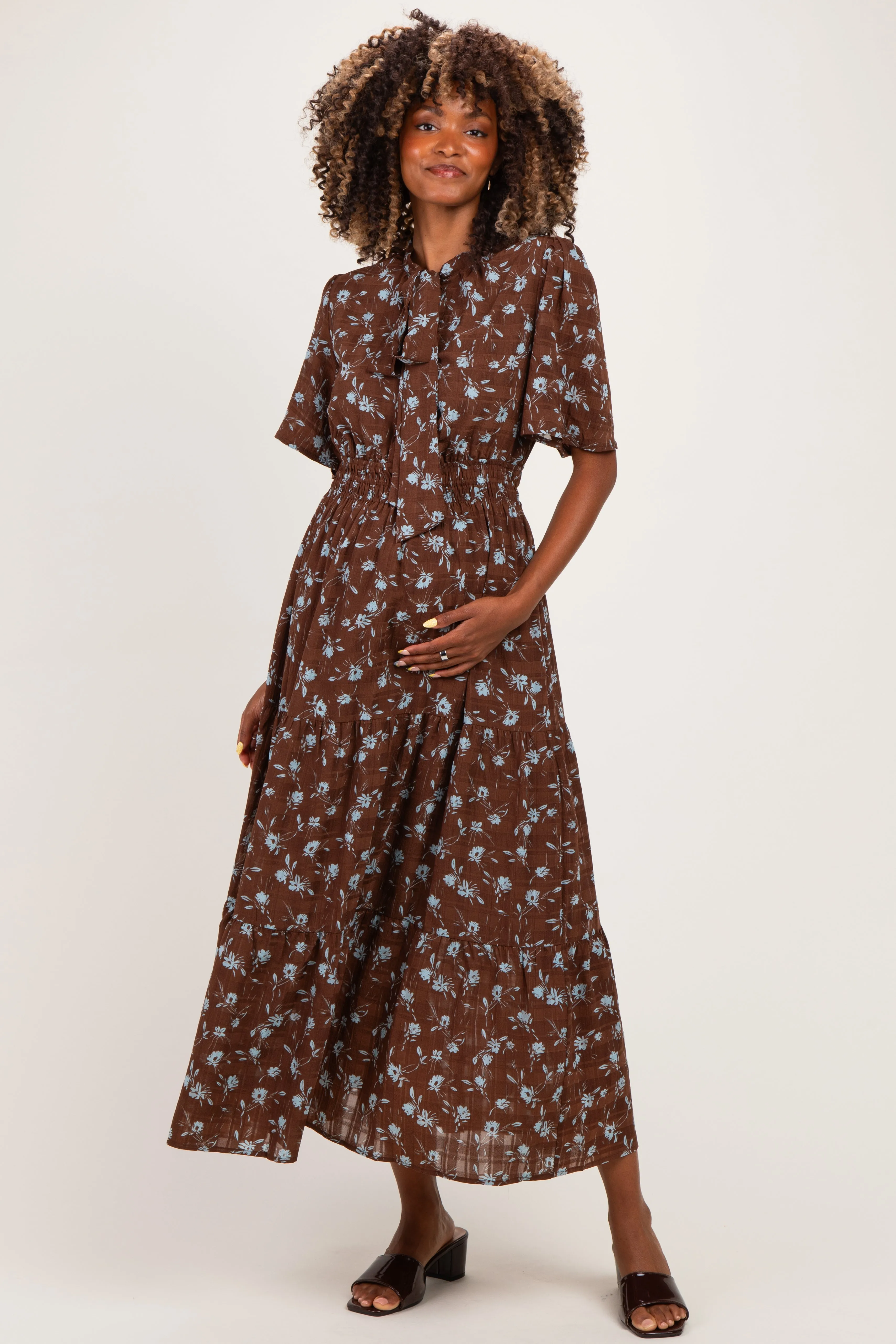 Brown Floral Neck Tie Tiered Maternity Midi Dress sold by Pinkblush