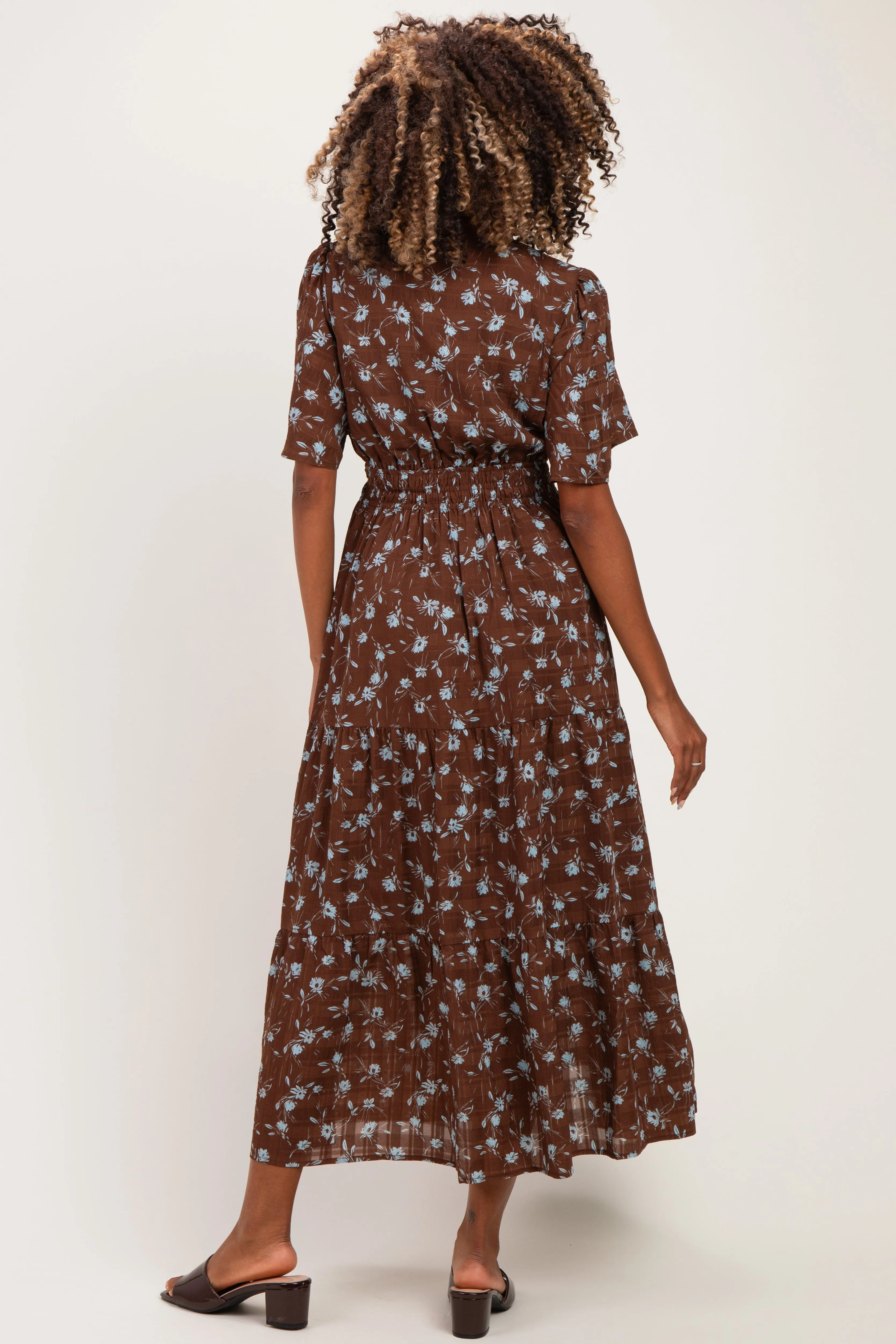 Brown Floral Neck Tie Tiered Maternity Midi Dress sold by Pinkblush product image thumbnail 2