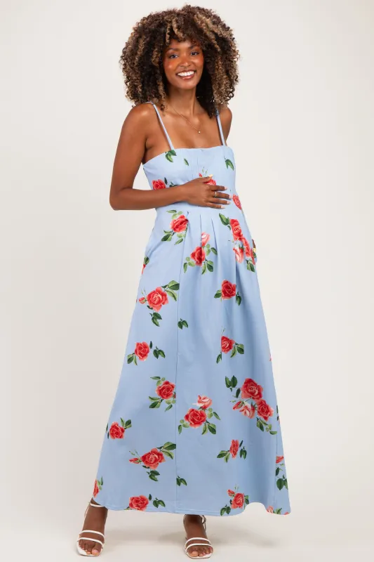 Light Blue Floral Thin Strap Maternity Midi Dress made by Davi & Dani