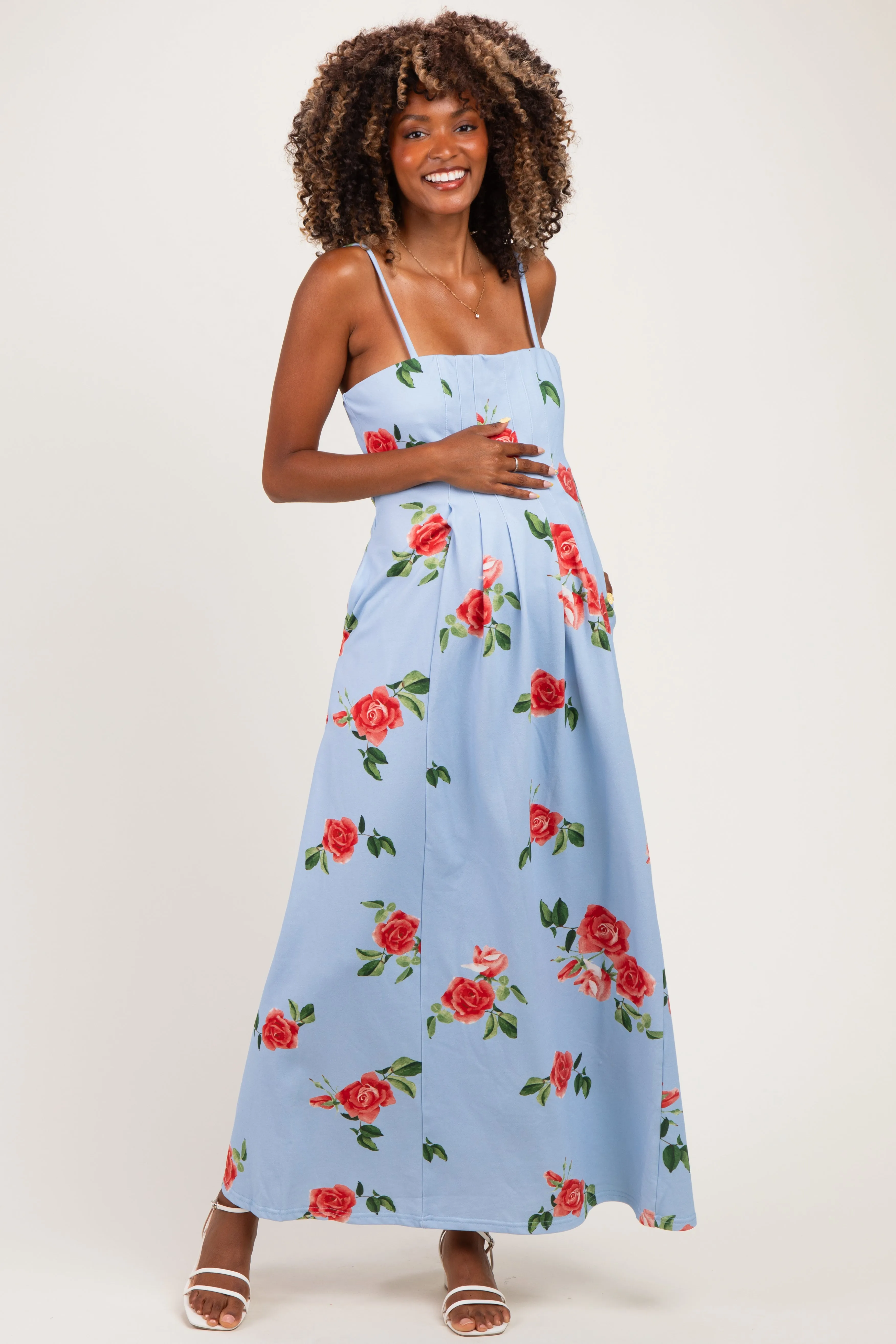Light Blue Floral Thin Strap Maternity Midi Dress sold by Pinkblush