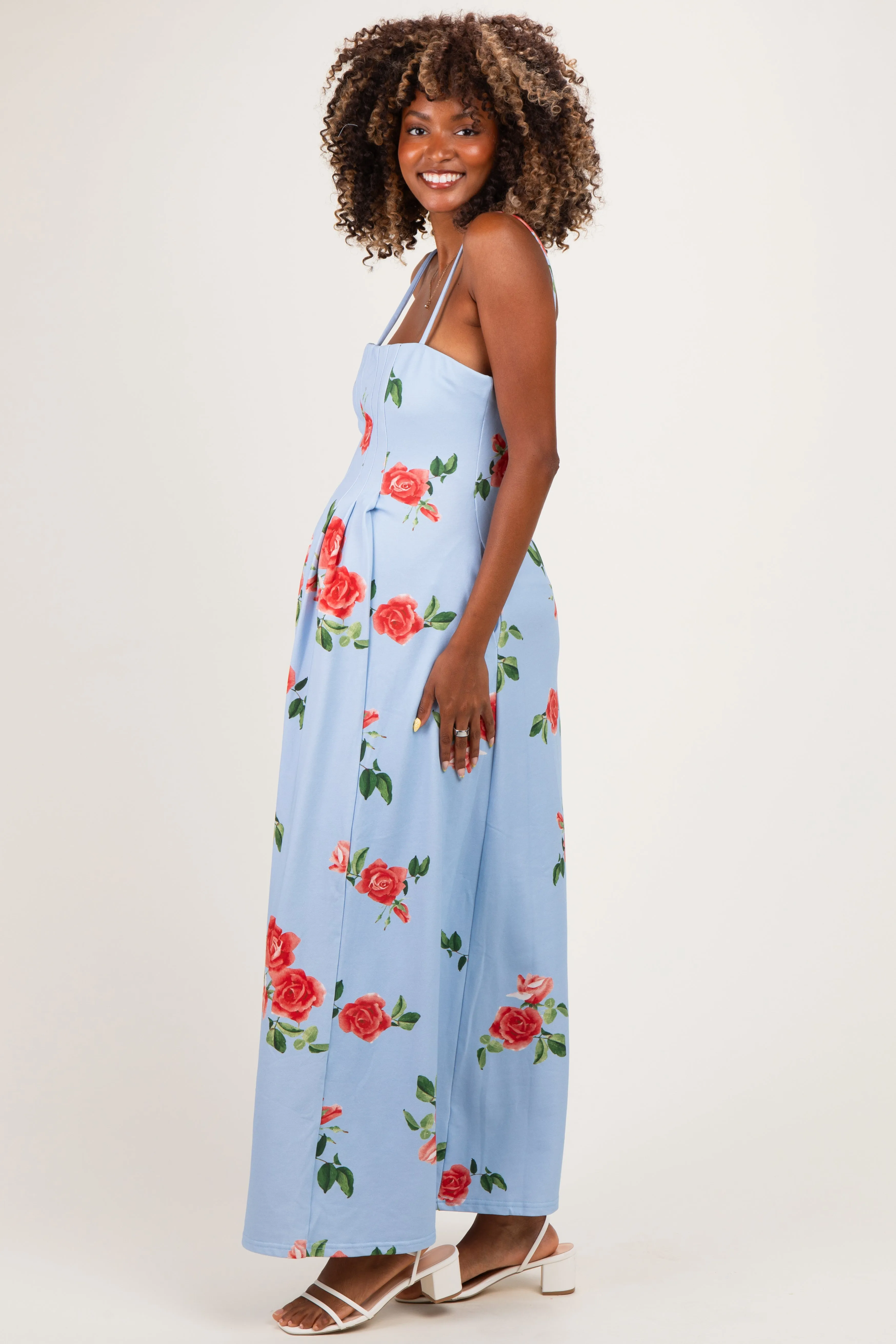 Light Blue Floral Thin Strap Maternity Midi Dress sold by Pinkblush product image thumbnail 2