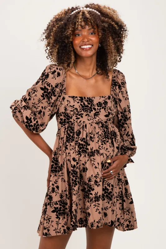 Taupe Floral Square Neck Maternity Dress made by Storia
