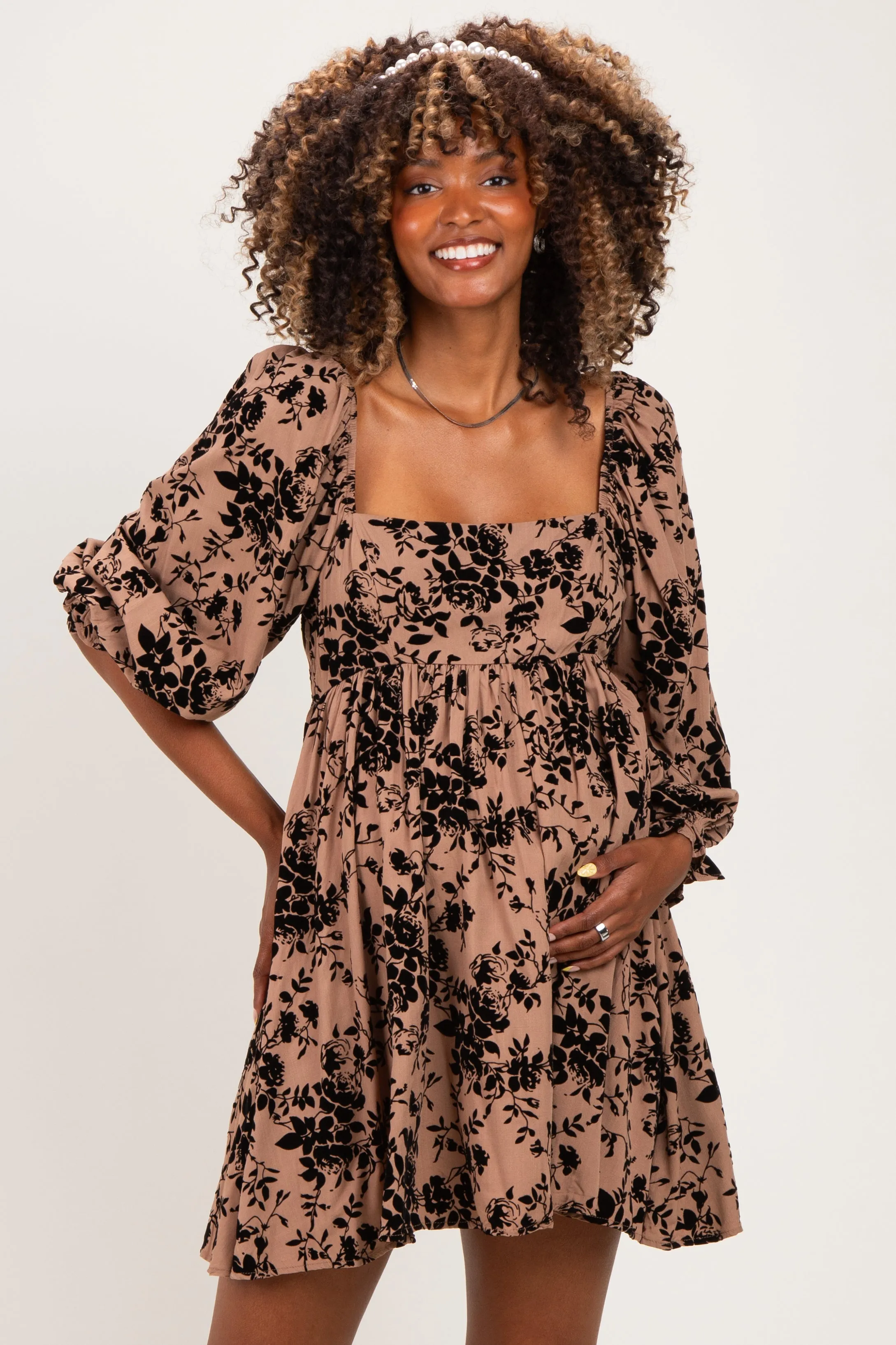 Taupe Floral Square Neck Maternity Dress sold by Pinkblush