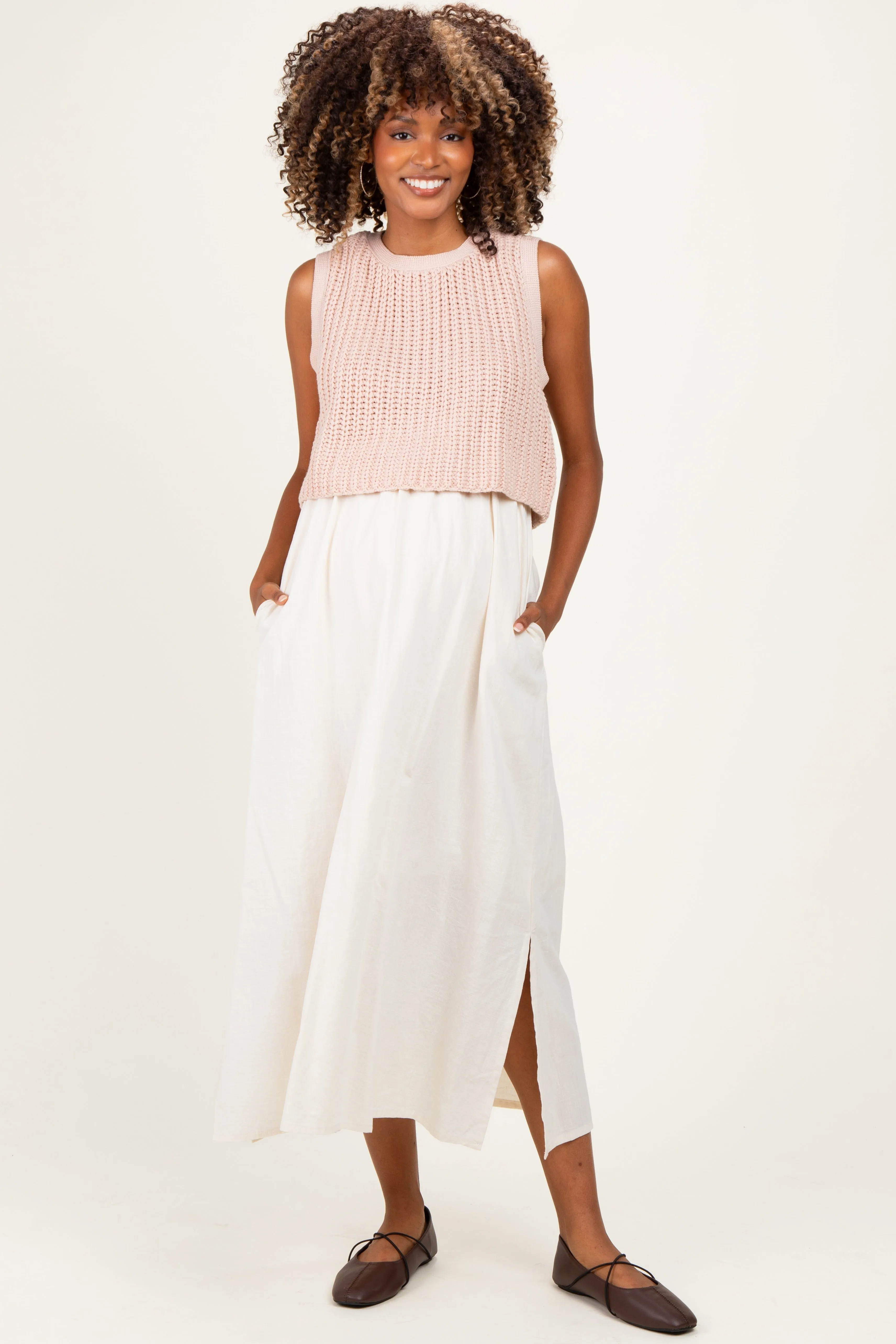 Peach Sleeveless Sweater Top Colorblock Maternity Midi Dress sold by Pinkblush
