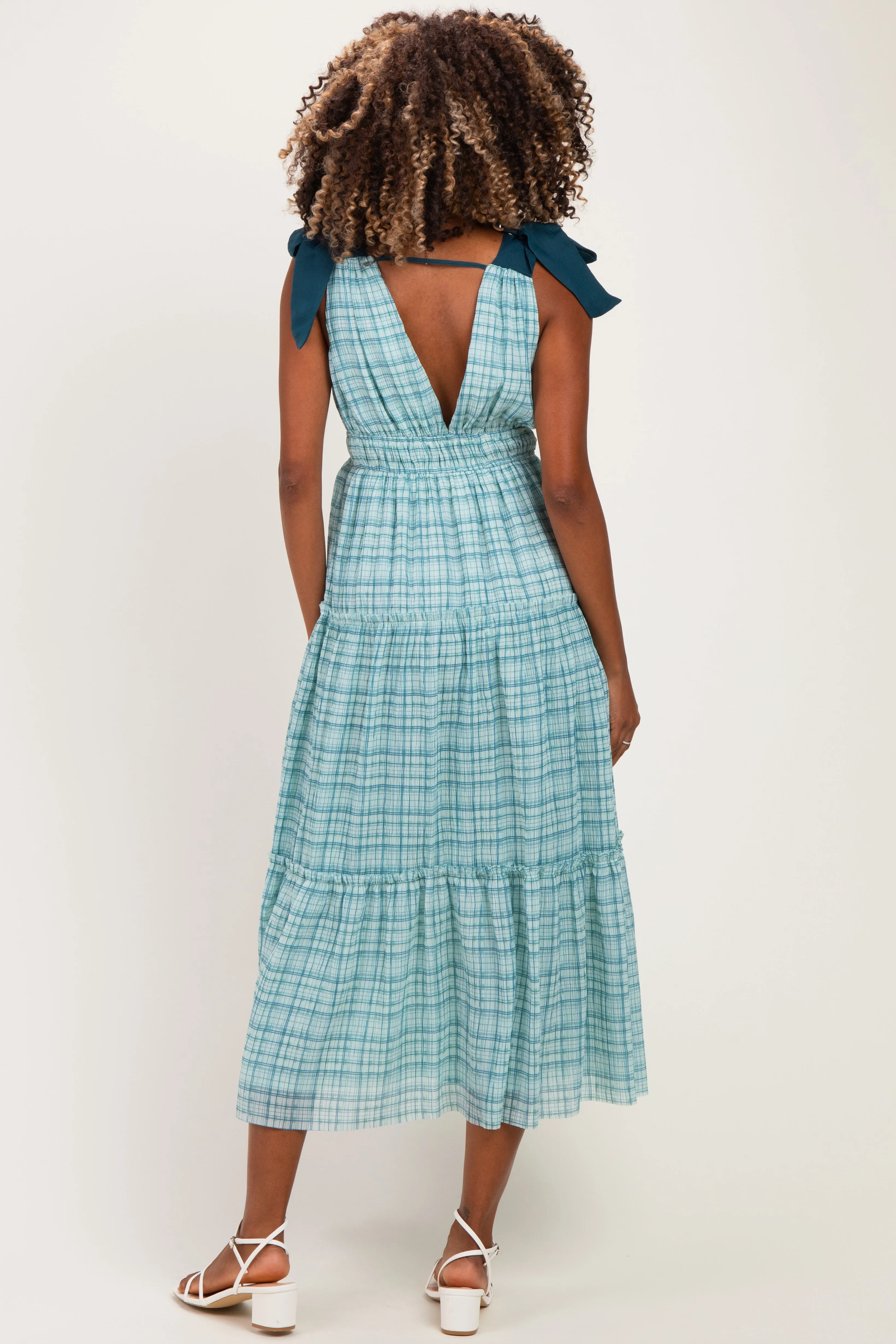 Light Blue Plaid Shoulder Tie Maternity Dress sold by Pinkblush product image thumbnail 3