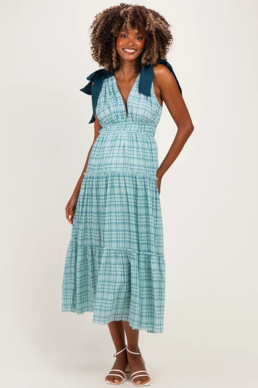 Light Blue Plaid Shoulder Tie Maternity Dress made by Storia
