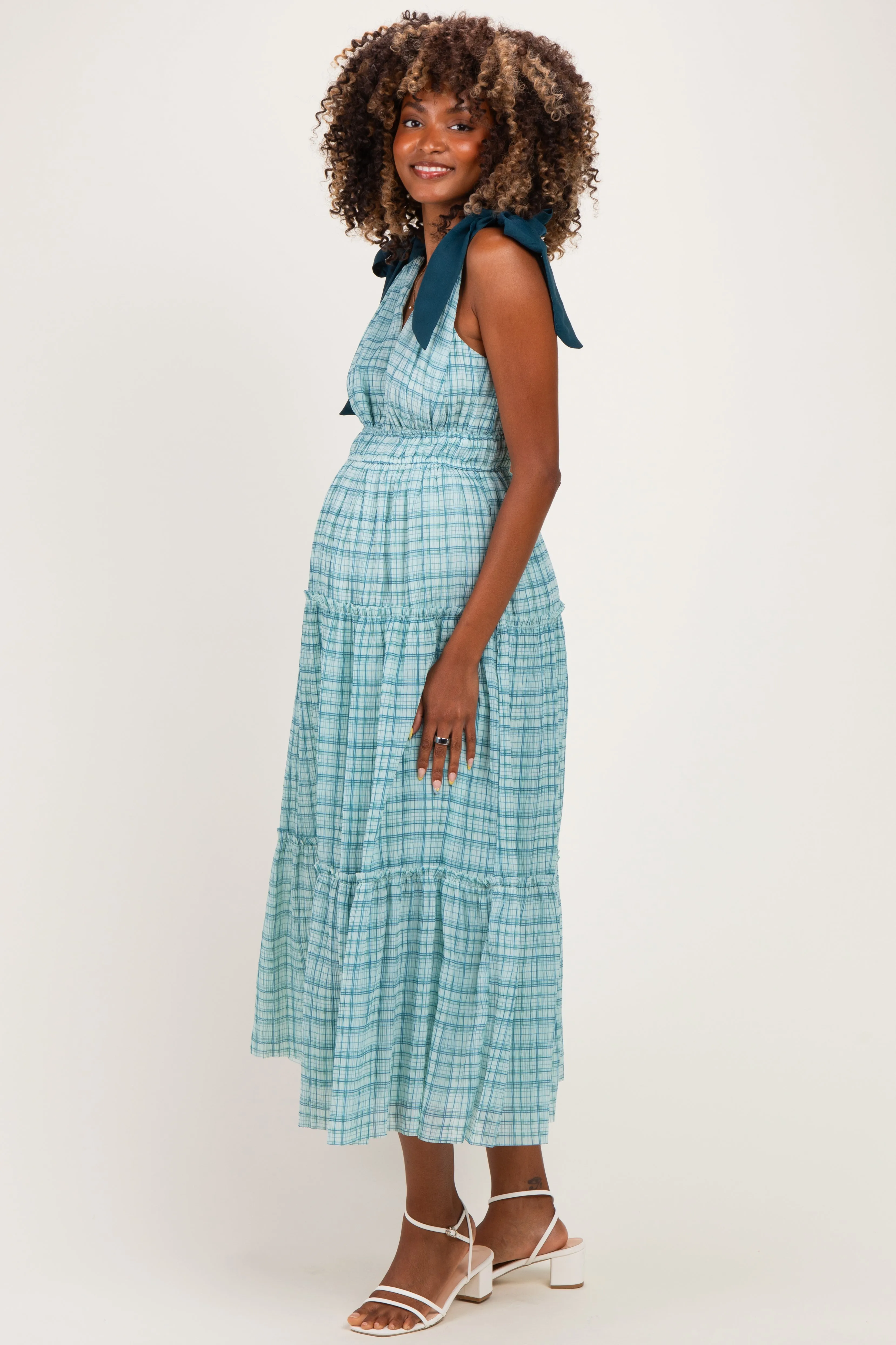 Light Blue Plaid Shoulder Tie Maternity Dress sold by Pinkblush product image thumbnail 2