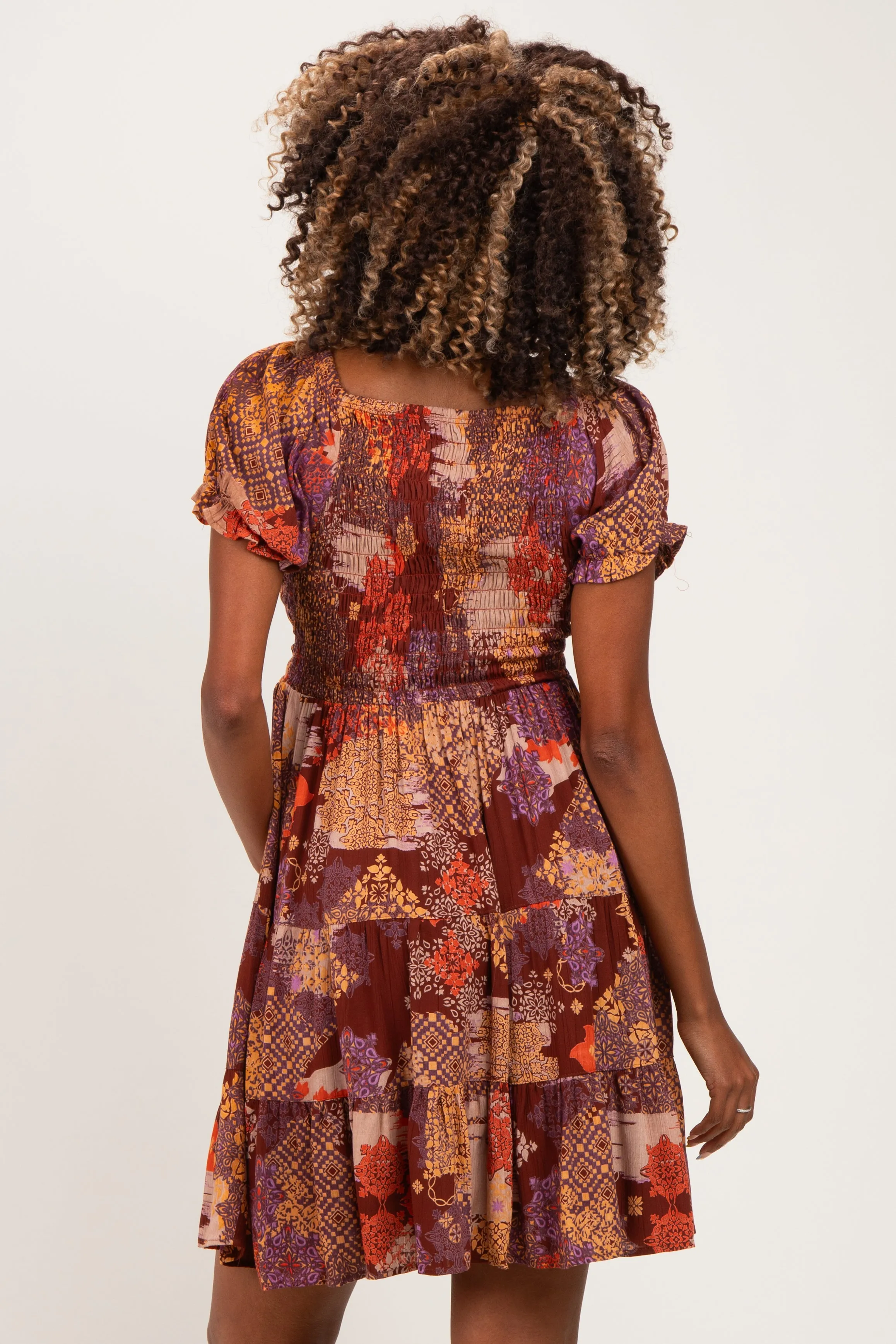 Brown Printed V-Neck Smocked Maternity Mini Dress sold by Pinkblush product image thumbnail 4