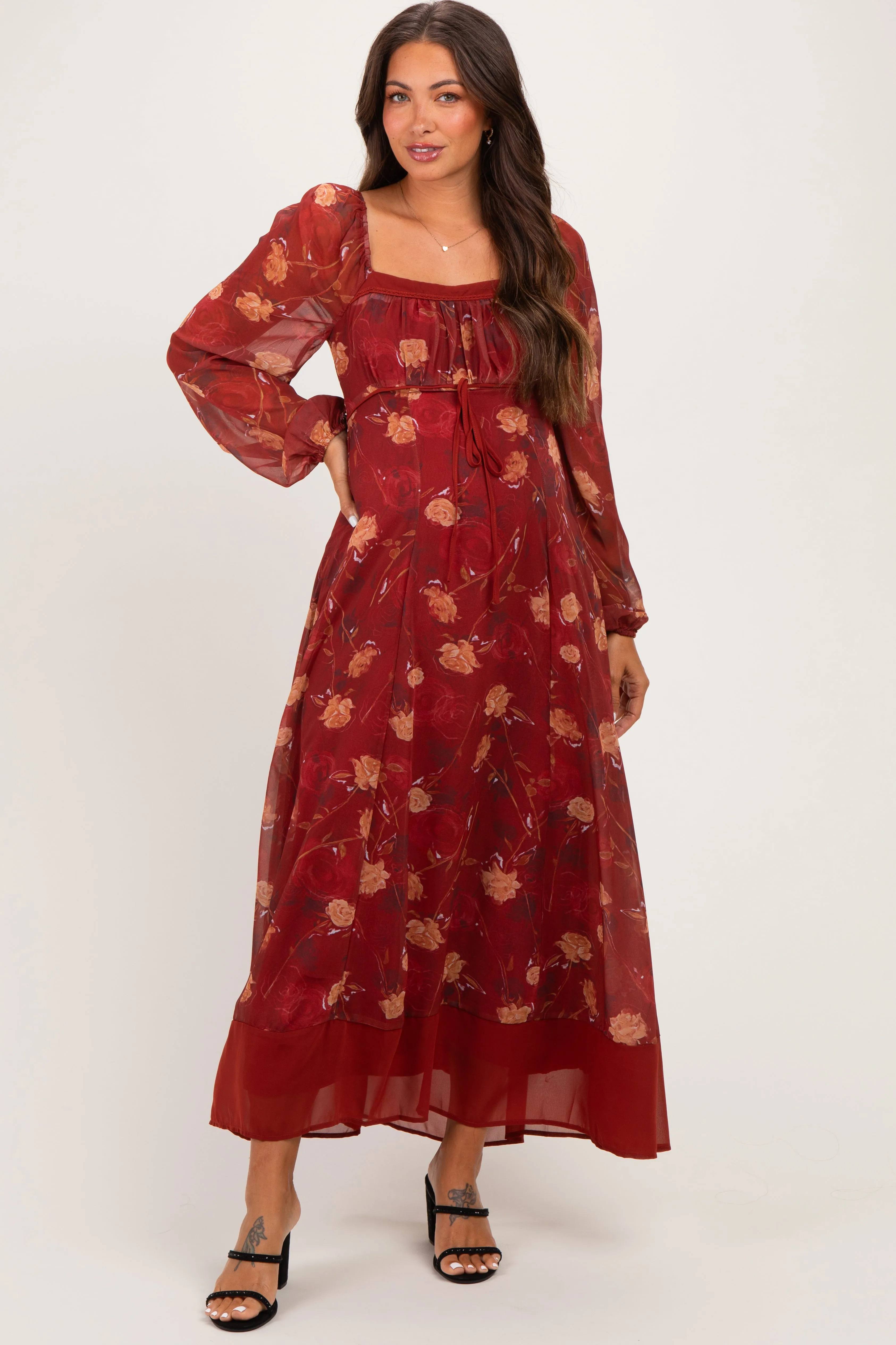 Burnt Ginger Floral Mesh Front Tie Maternity Maxi Dress sold by Pinkblush