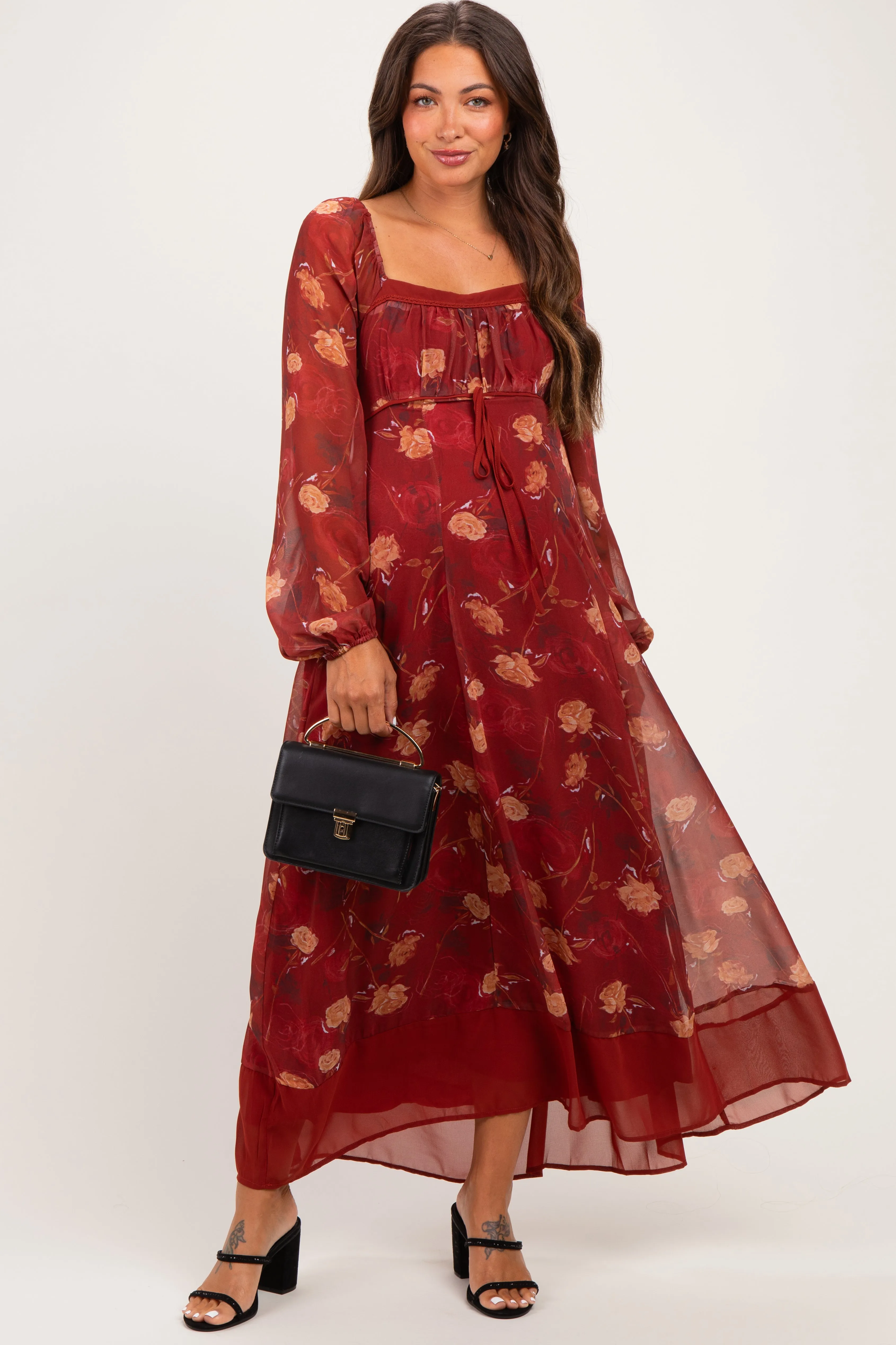 Burnt Ginger Floral Mesh Front Tie Maternity Maxi Dress sold by Pinkblush product image thumbnail 2