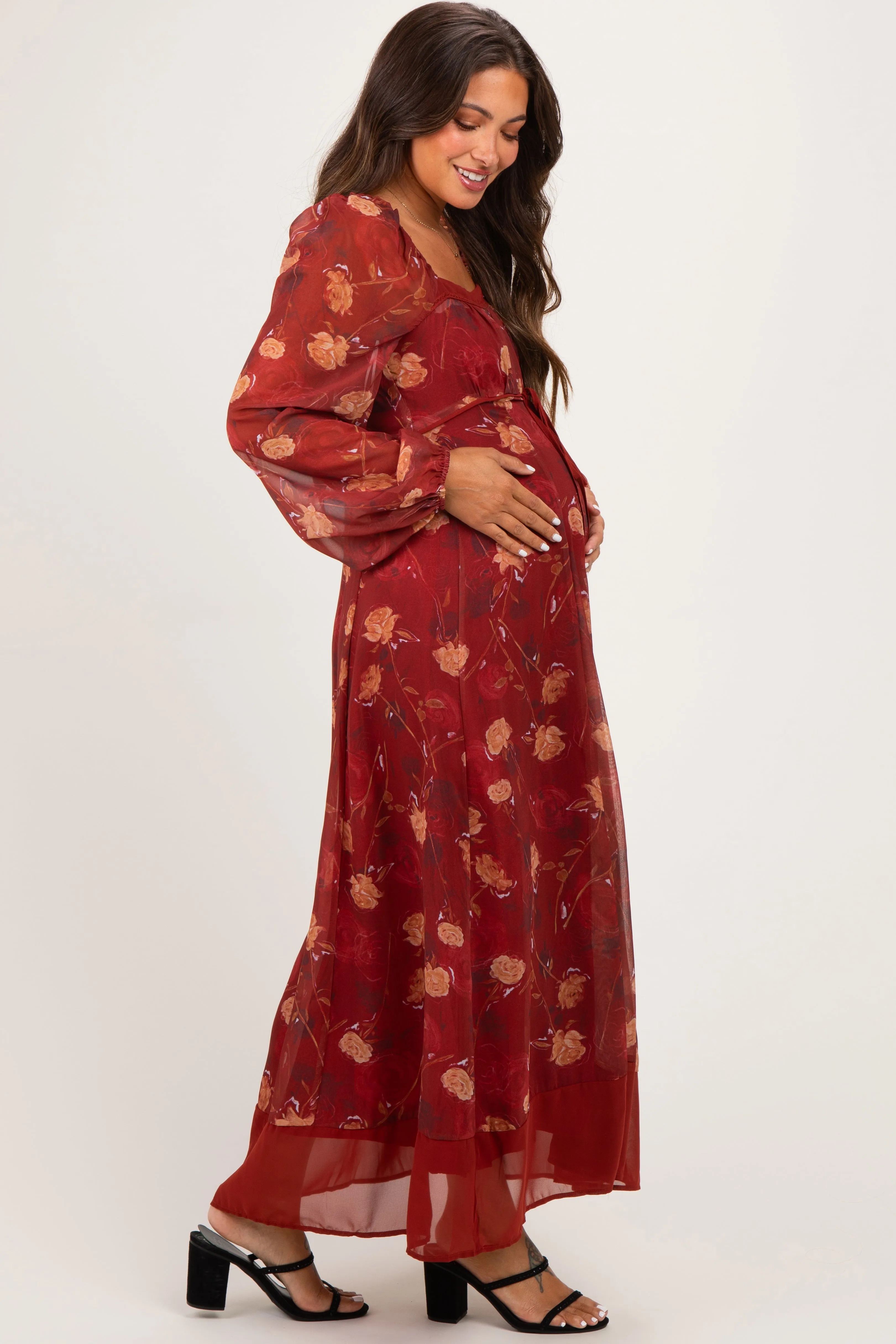 Burnt Ginger Floral Mesh Front Tie Maternity Maxi Dress sold by Pinkblush product image thumbnail 3