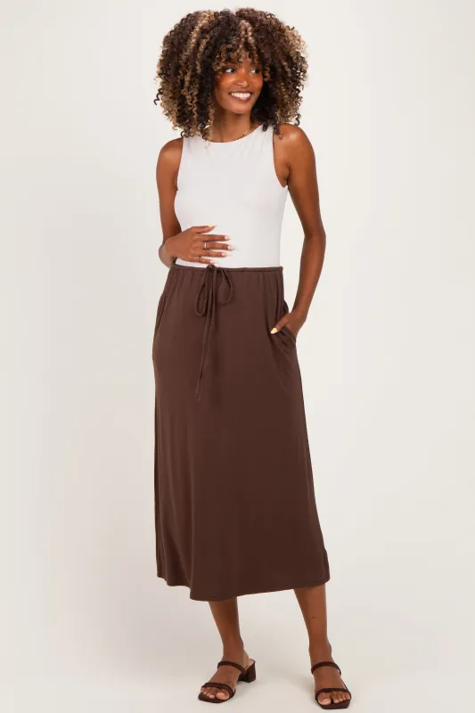 Chocolate Front Tie Maternity Maxi Skirt made by Final Touch