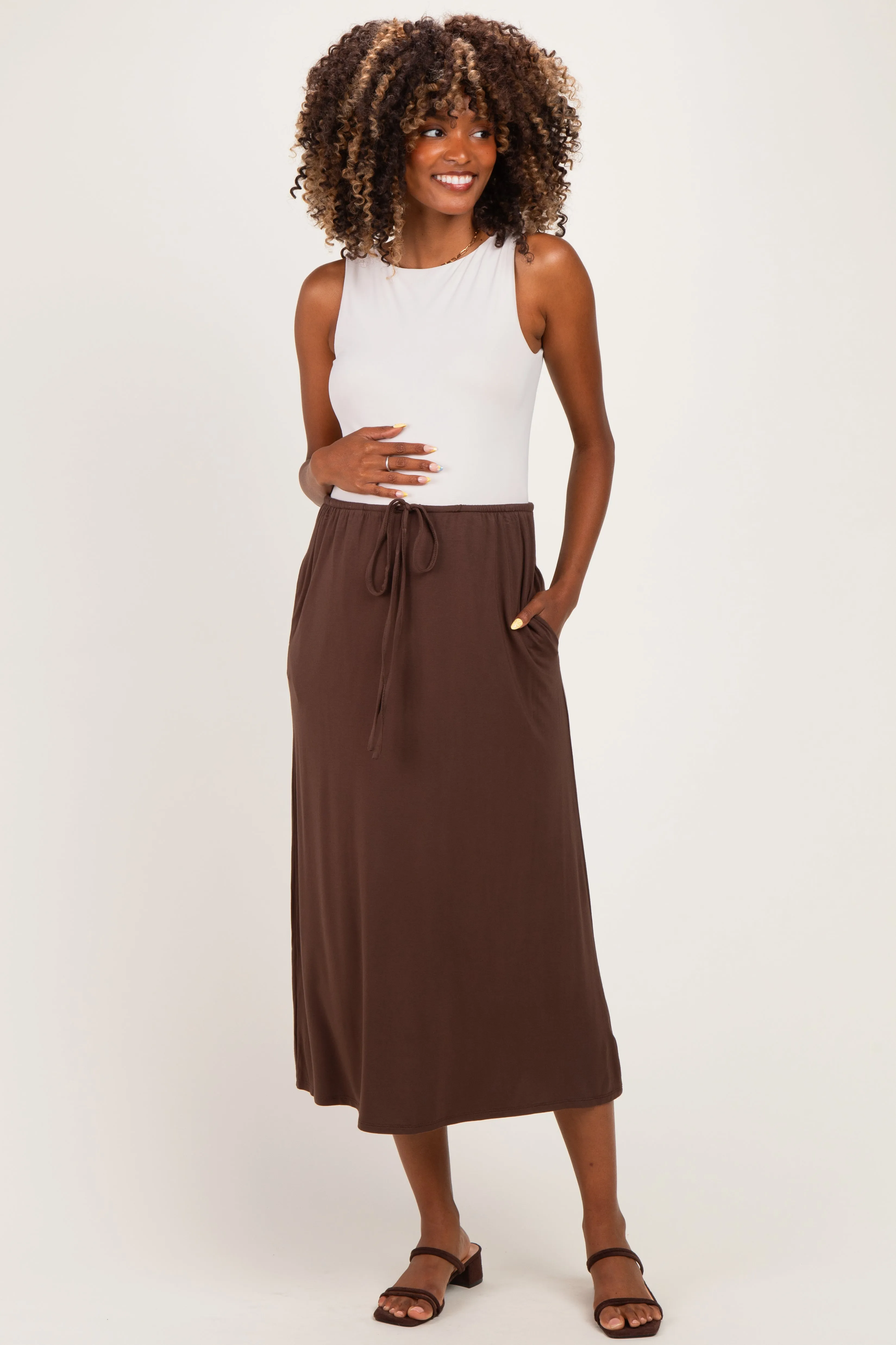 Chocolate Front Tie Maternity Maxi Skirt sold by Pinkblush