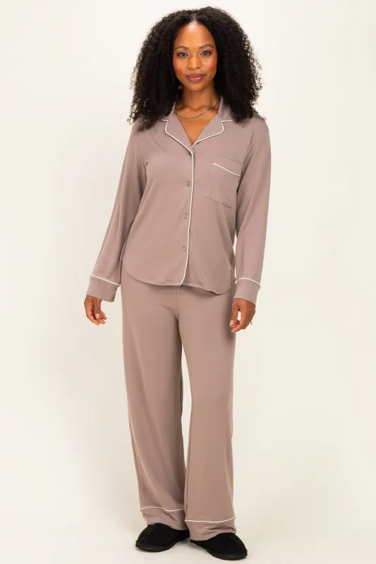 Cocoa Button Down Top Wide Leg Pant Pajama Set made by Zenana Outfitters