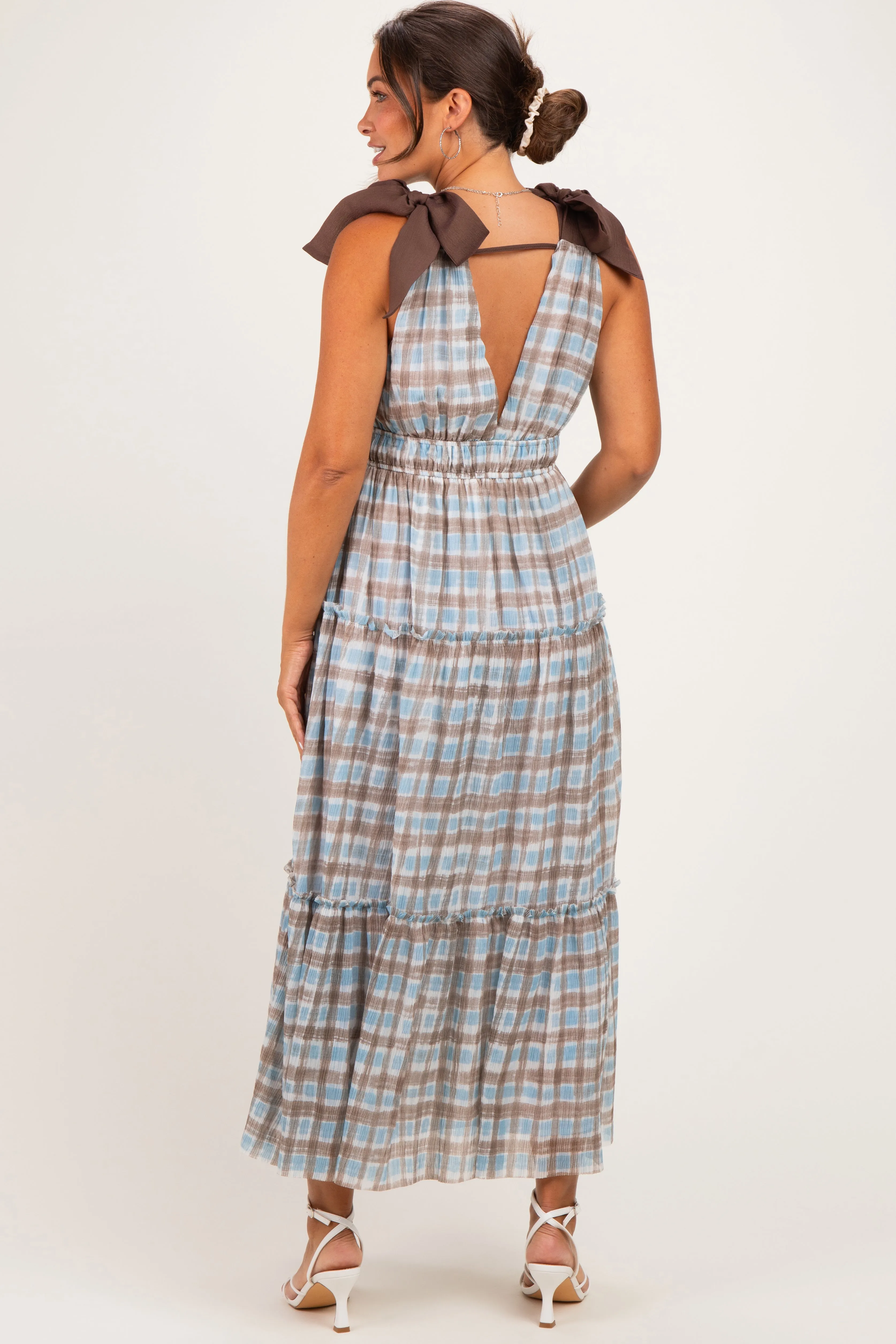 Blue Plaid Shoulder Tie Maternity Dress sold by Pinkblush product image thumbnail 3