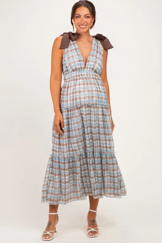 Blue Plaid Shoulder Tie Maternity Dress made by Storia