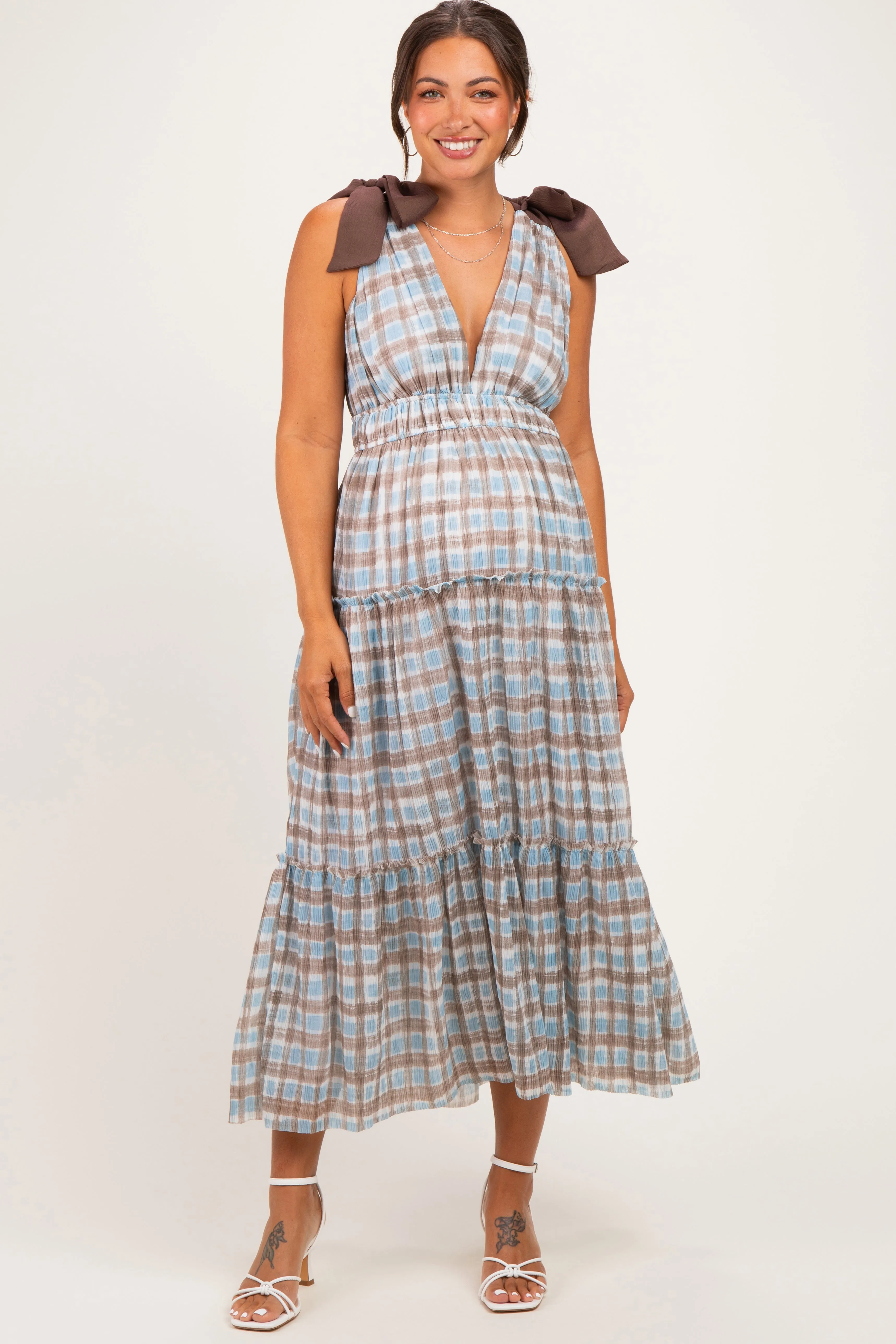 Blue Plaid Shoulder Tie Maternity Dress sold by Pinkblush