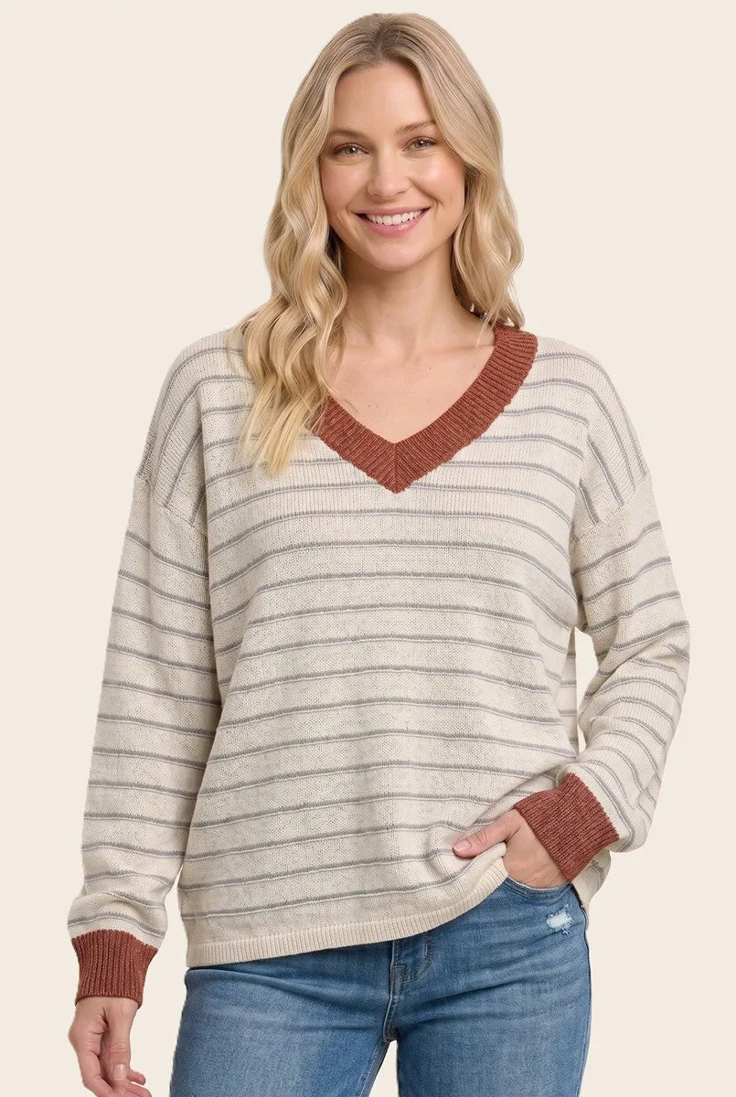 Rust Striped Solid Trim V-Neck Sweater sold by Pinkblush