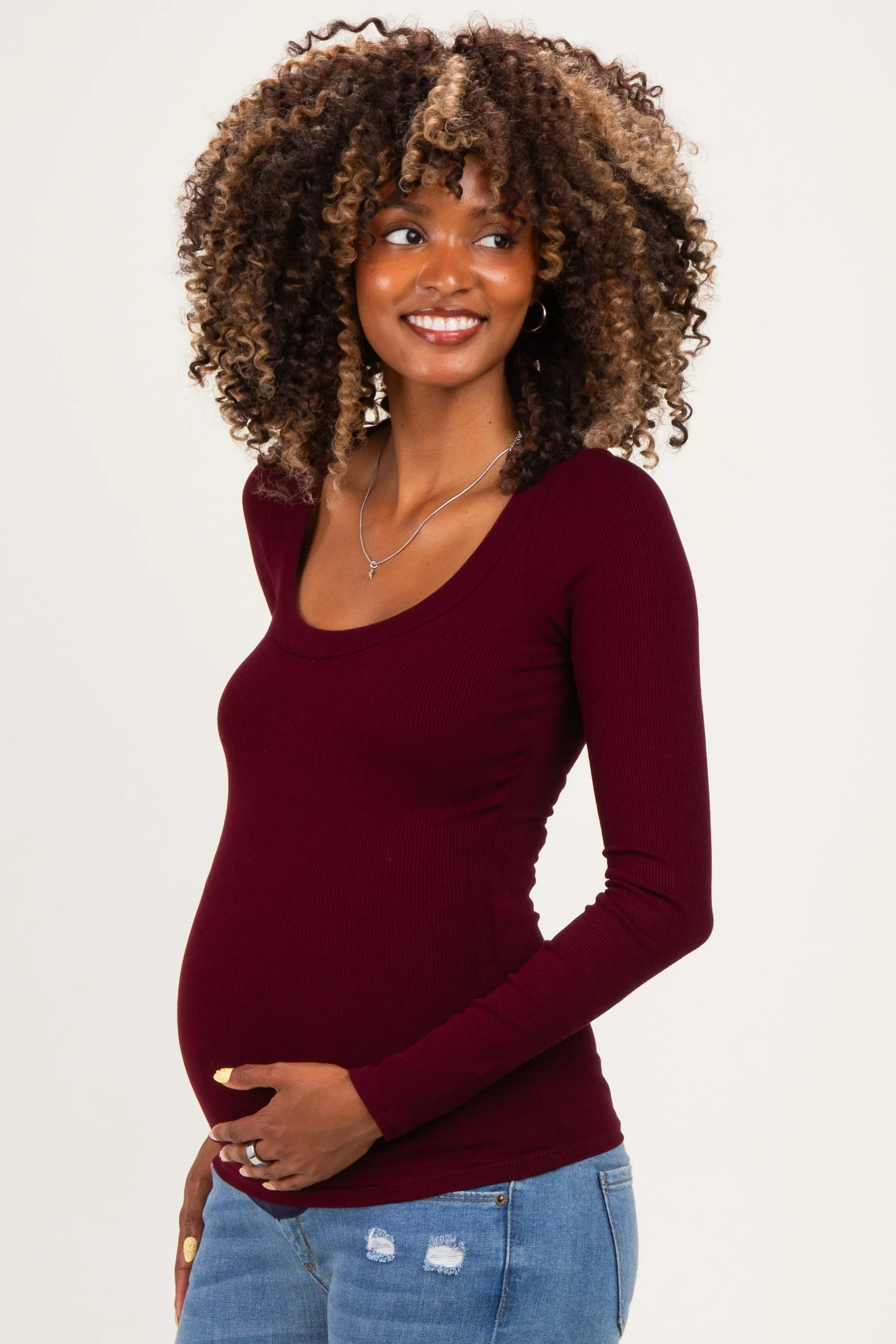 Burgundy Ribbed Scoop Neck Long Sleeve Maternity Top sold by Pinkblush product image thumbnail 3