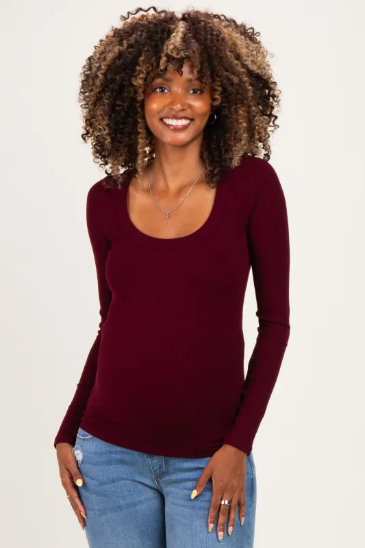 Burgundy Ribbed Scoop Neck Long Sleeve Maternity Top made by Pinkblush