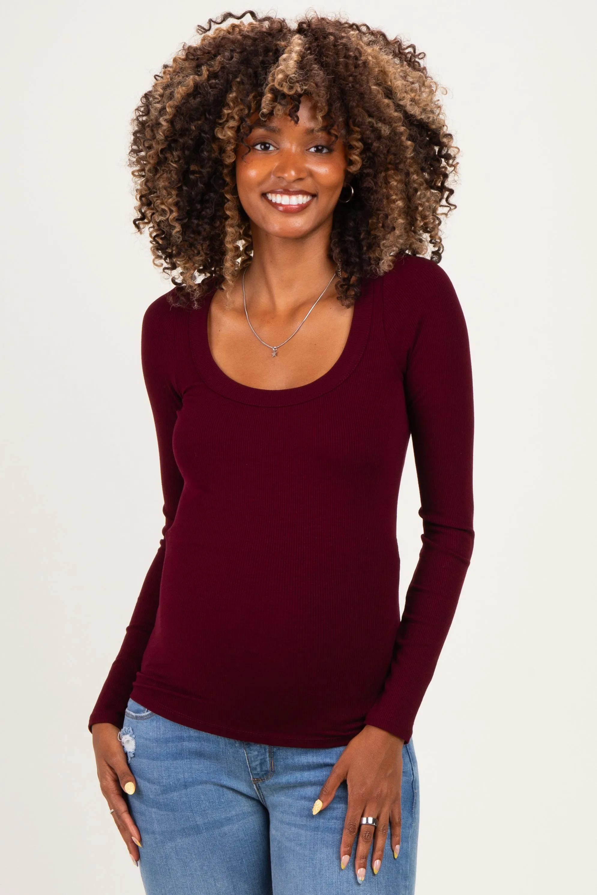 Burgundy Ribbed Scoop Neck Long Sleeve Maternity Top sold by Pinkblush