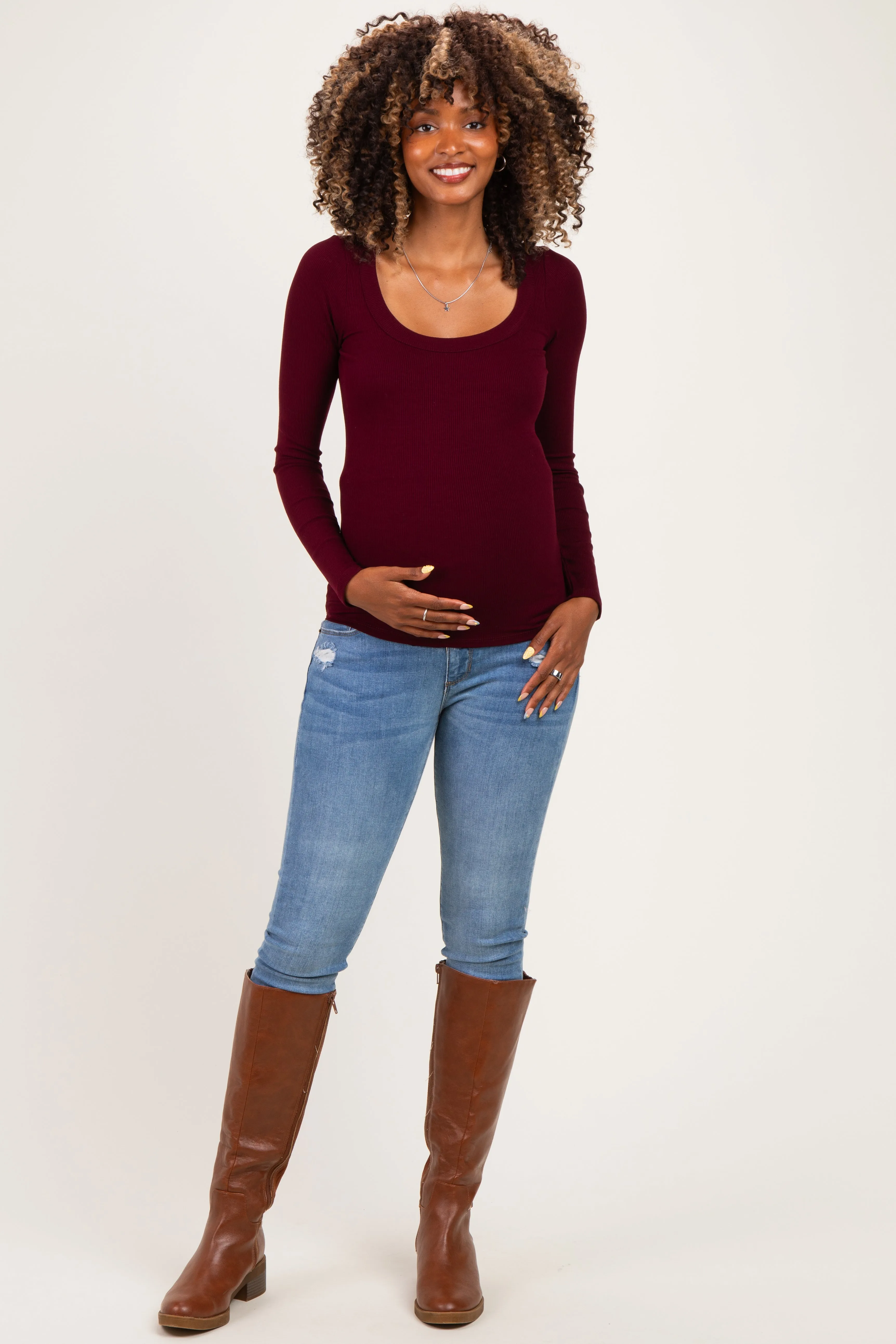 Burgundy Ribbed Scoop Neck Long Sleeve Maternity Top sold by Pinkblush product image thumbnail 2