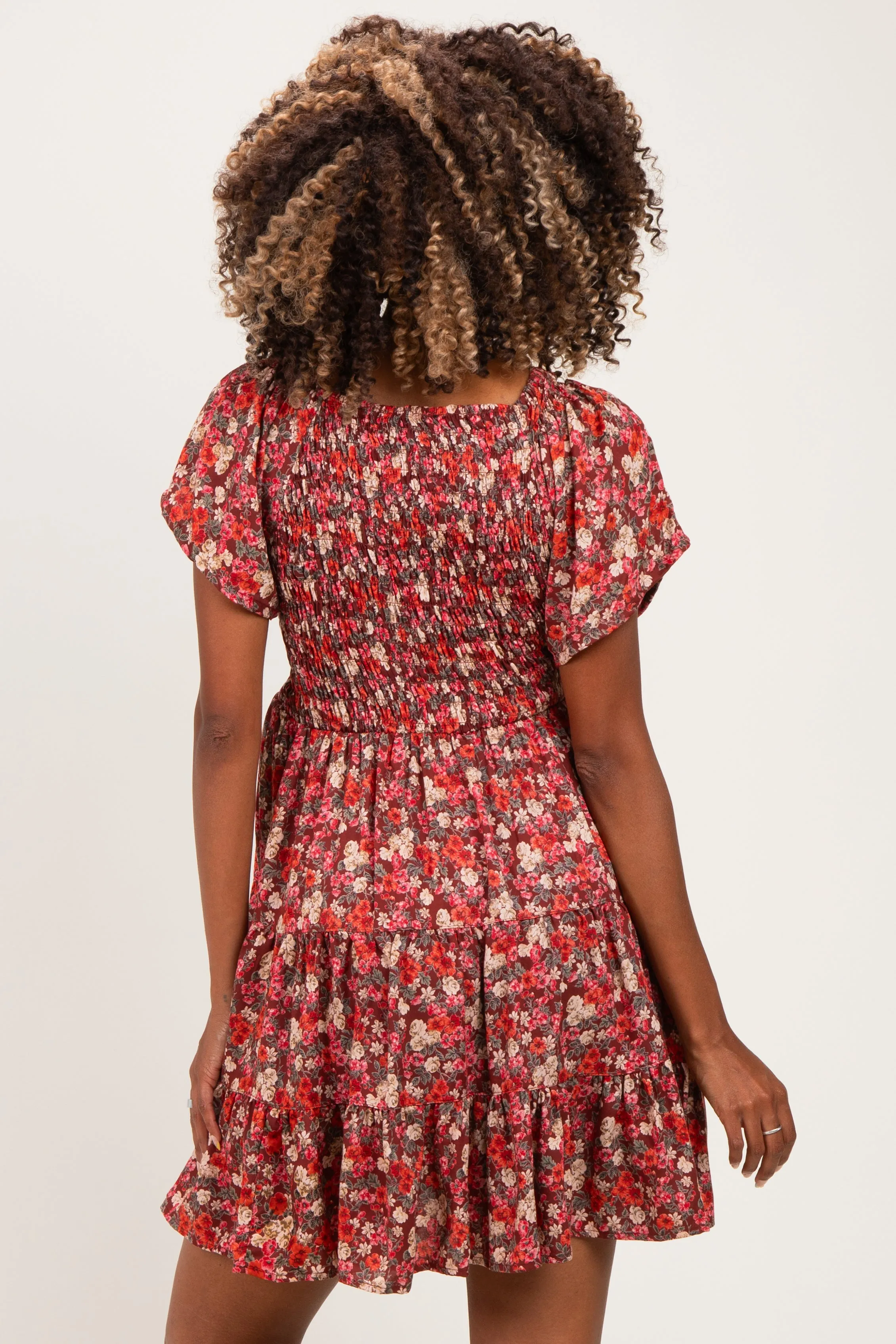 Wine Floral Flutter Sleeve Smocked Maternity Mini Dress sold by Pinkblush product image thumbnail 4