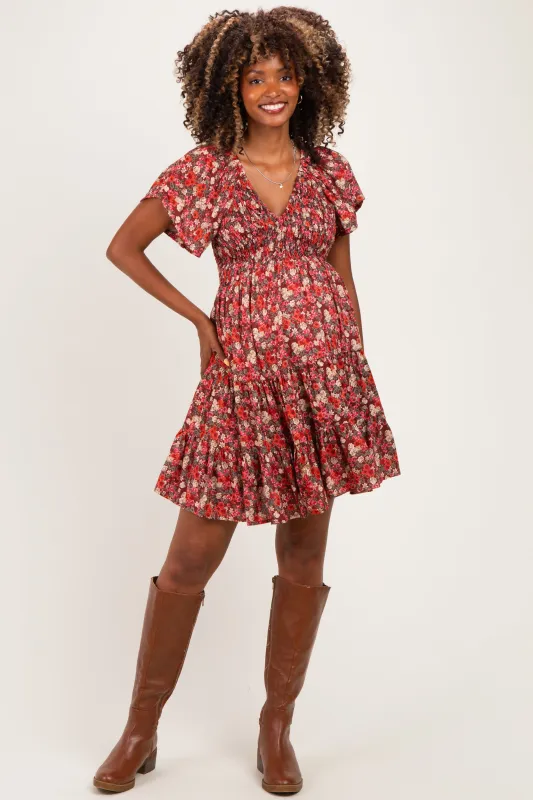 Wine Floral Flutter Sleeve Smocked Maternity Mini Dress made by Angie