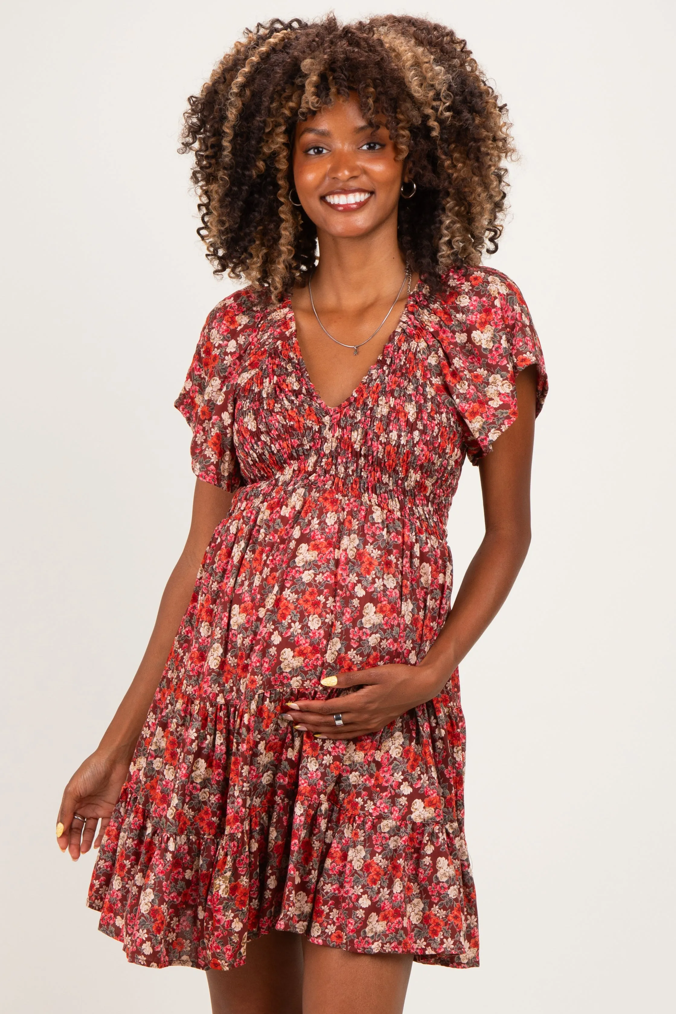 Wine Floral Flutter Sleeve Smocked Maternity Mini Dress sold by Pinkblush product image thumbnail 2