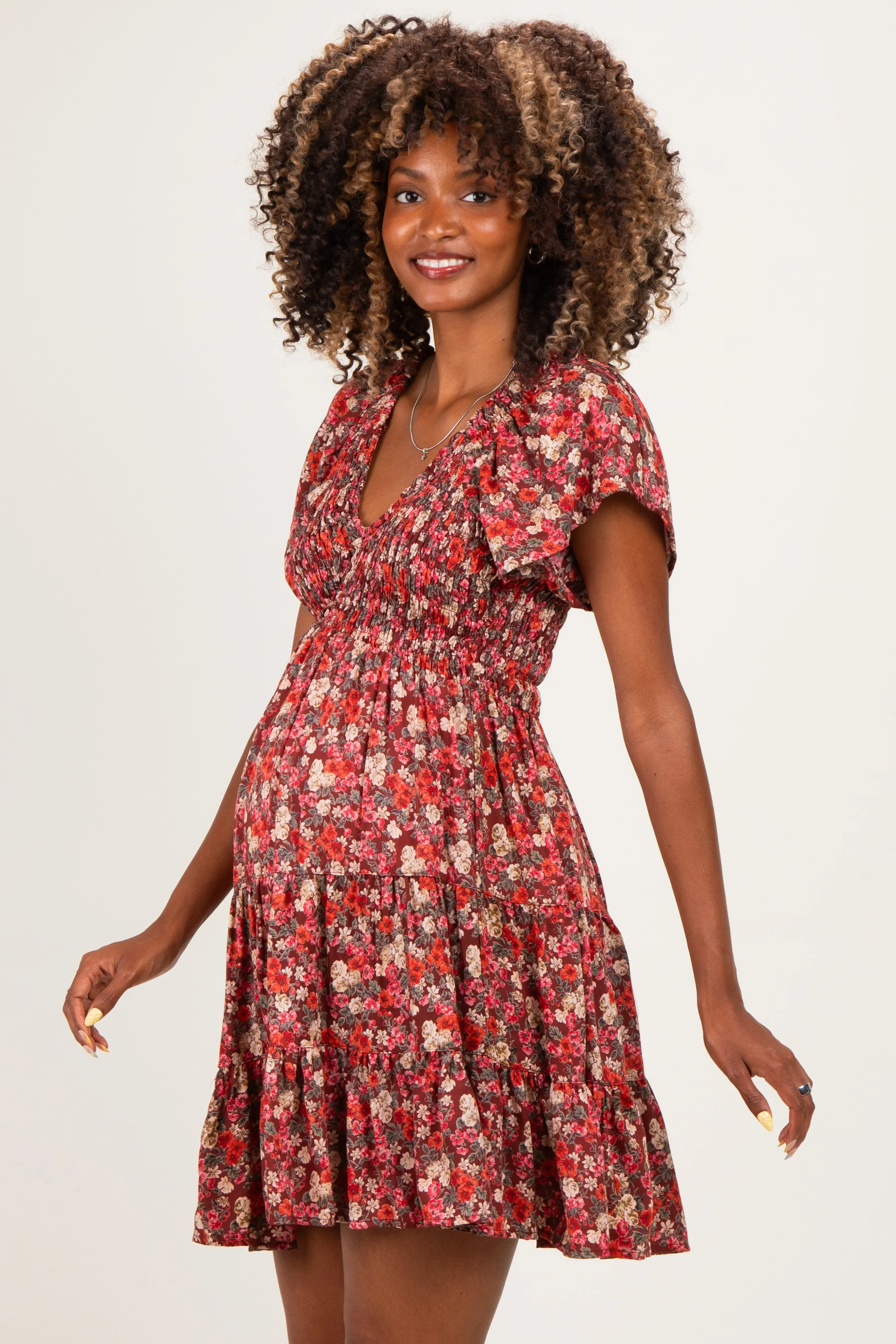 Wine Floral Flutter Sleeve Smocked Maternity Mini Dress sold by Pinkblush product image thumbnail 3