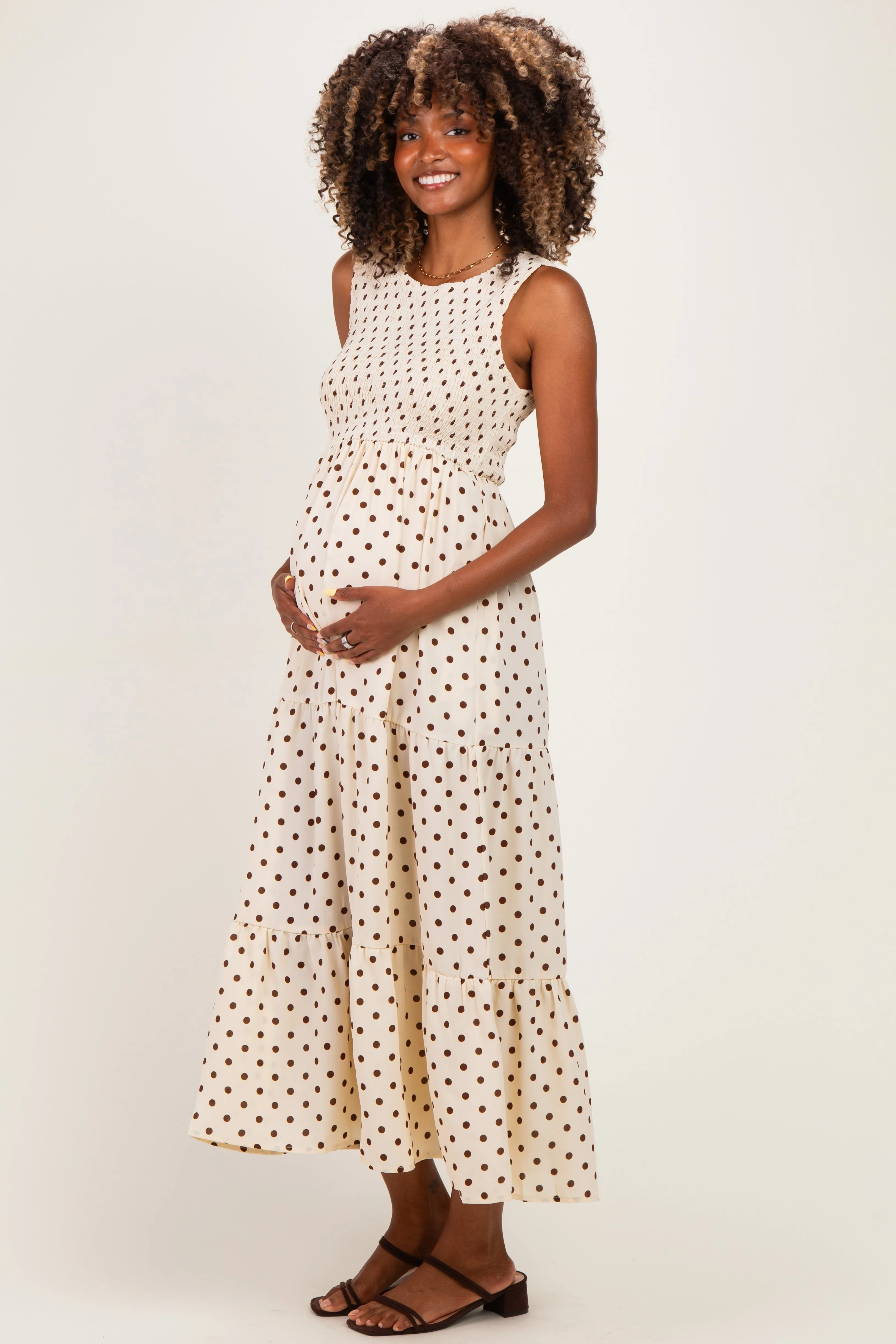 Cream Polka Dot Smocked Tiered Maternity Maxi Dress sold by Pinkblush product image thumbnail 2
