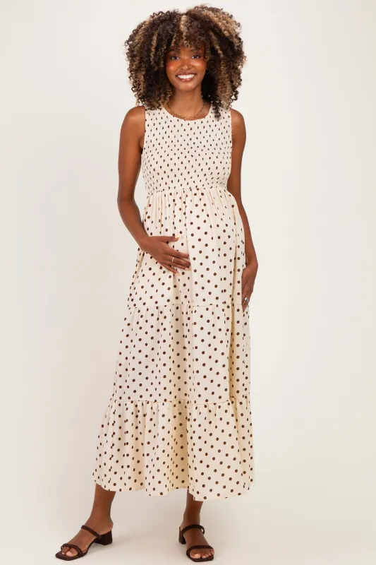 Cream Polka Dot Smocked Tiered Maternity Maxi Dress made by Pinkblush