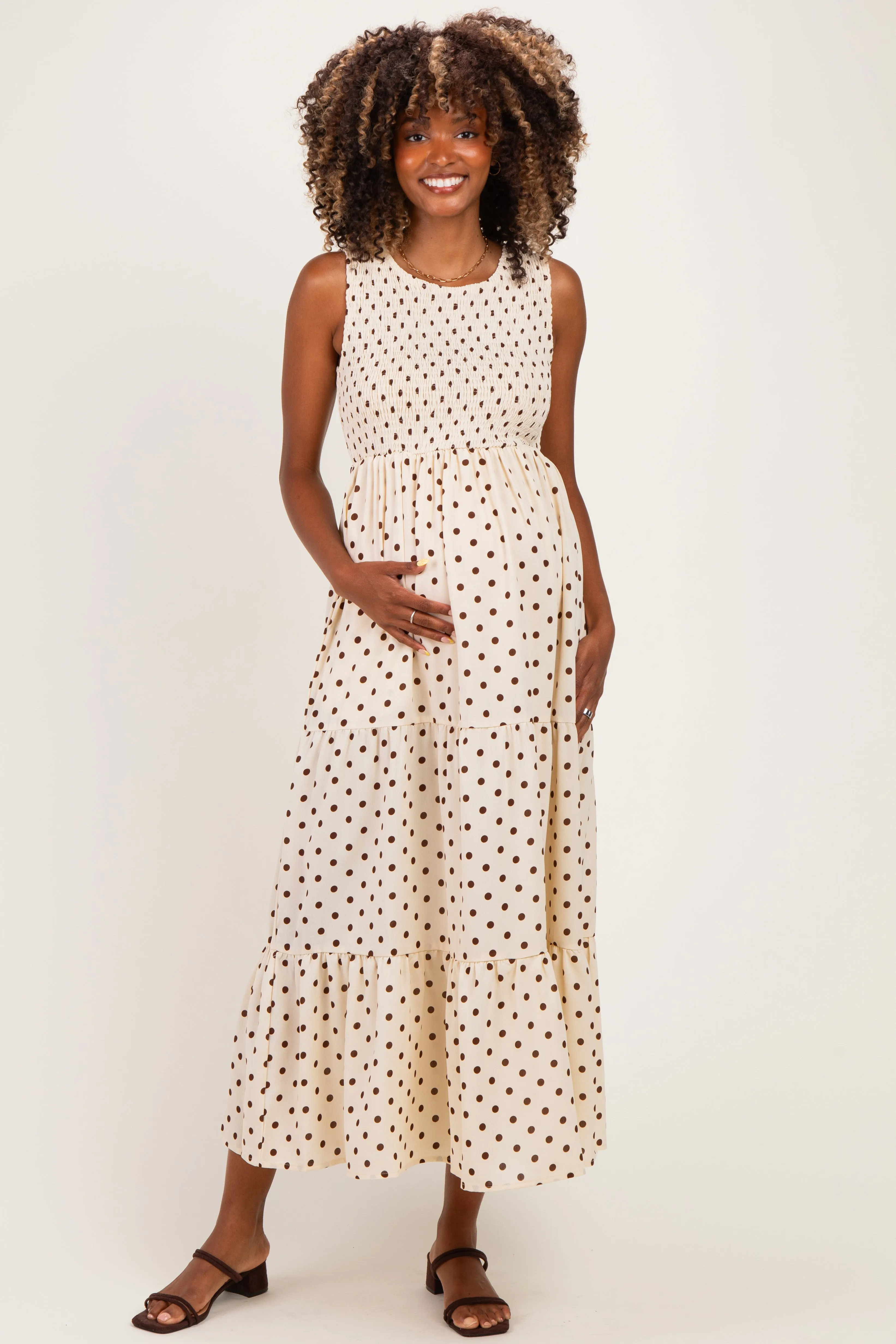 Cream Polka Dot Smocked Tiered Maternity Maxi Dress sold by Pinkblush
