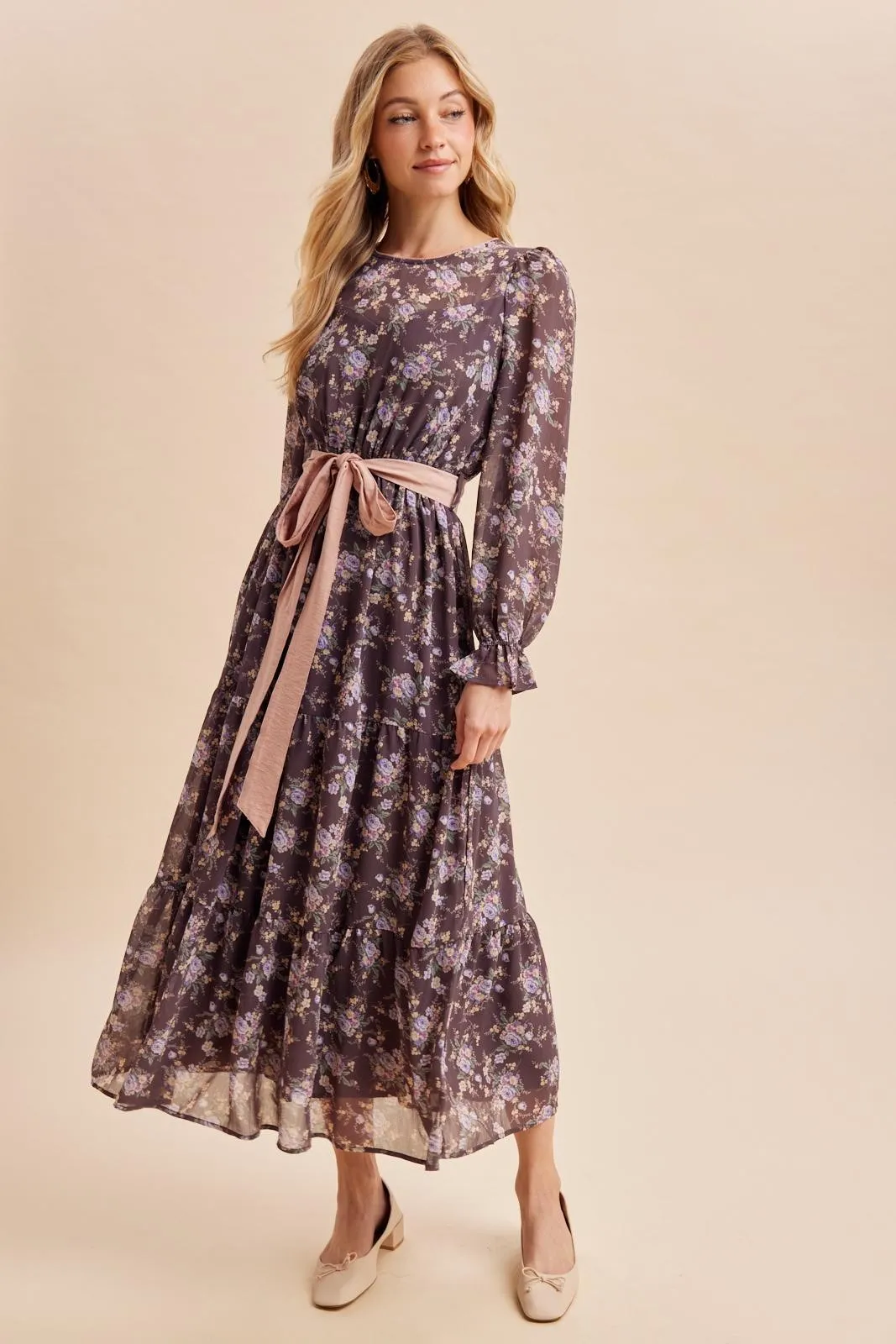 Brown Floral Sash Tiered Maternity Maxi Dress sold by Pinkblush product image thumbnail 5