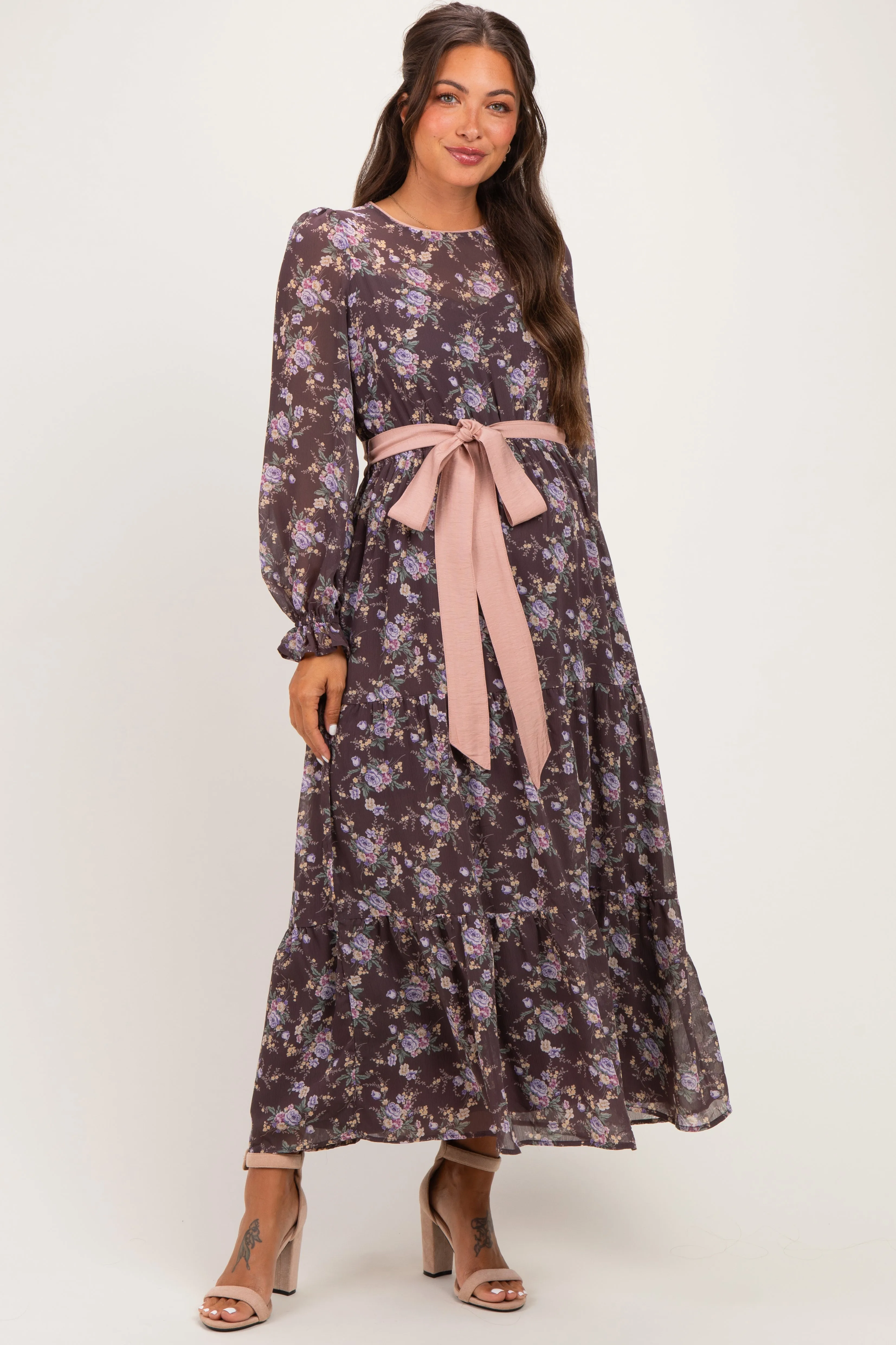 Brown Floral Sash Tiered Maternity Maxi Dress sold by Pinkblush product image thumbnail 2