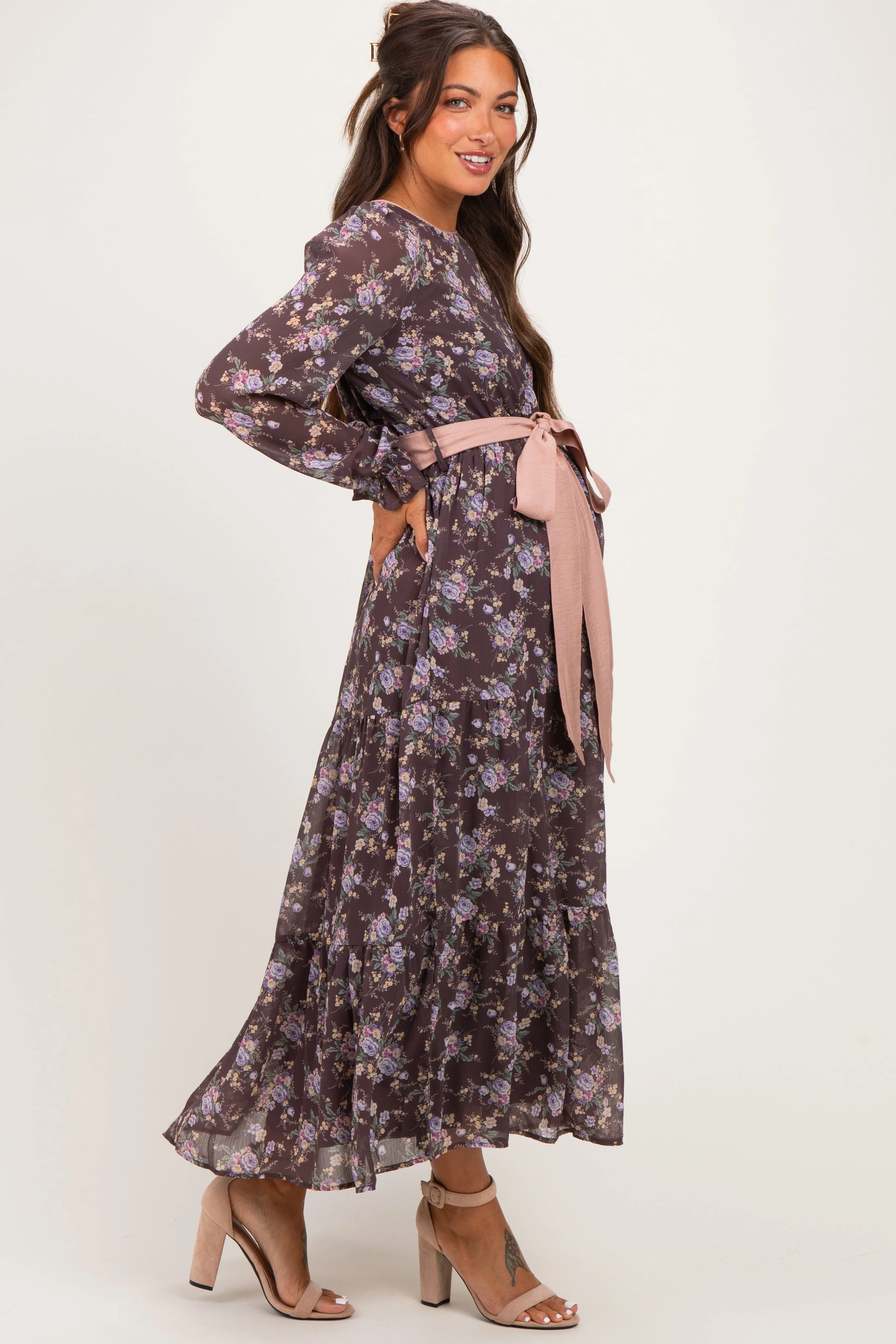 Brown Floral Sash Tiered Maternity Maxi Dress sold by Pinkblush product image thumbnail 3