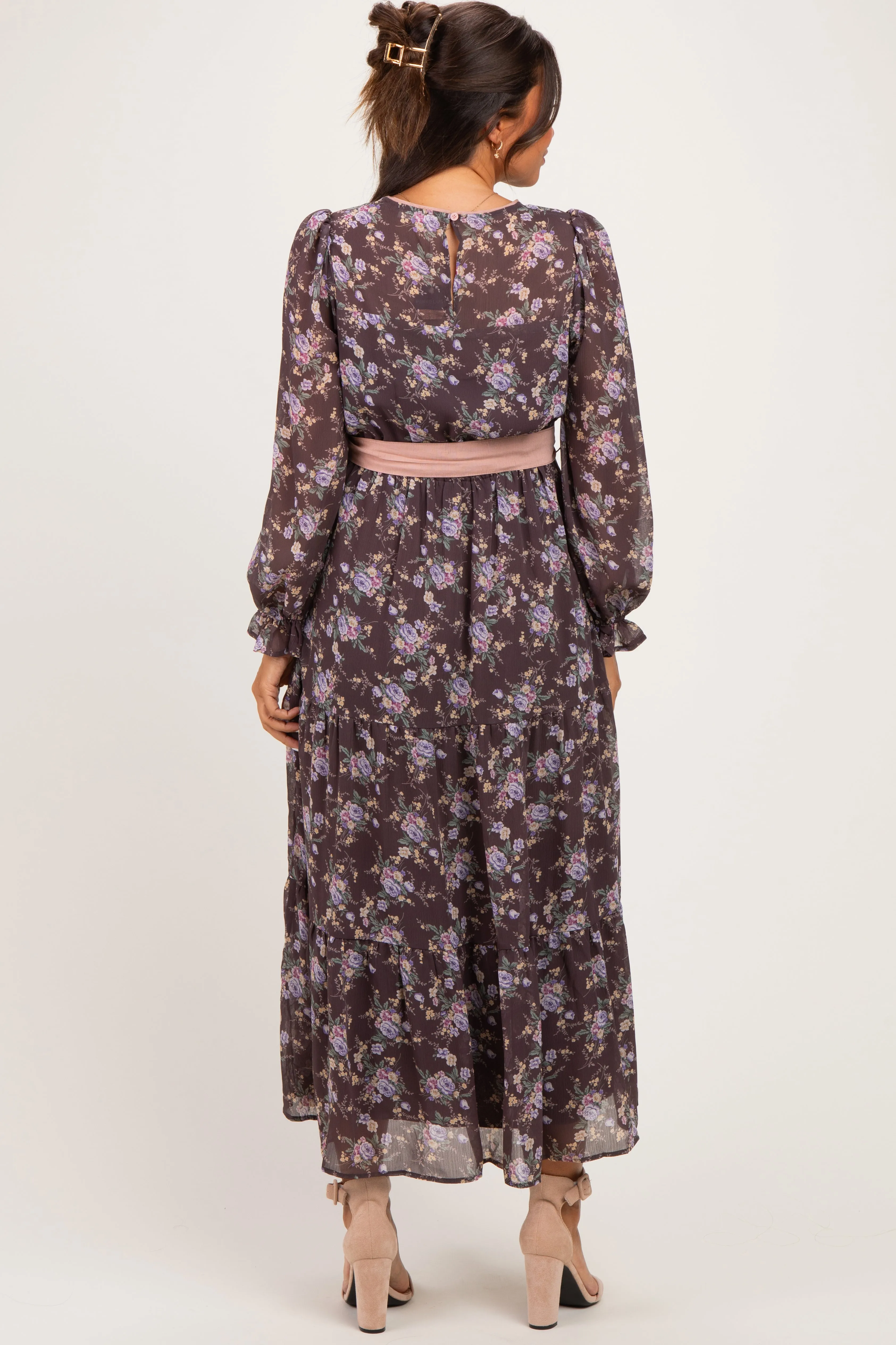 Brown Floral Sash Tiered Maternity Maxi Dress sold by Pinkblush product image thumbnail 4