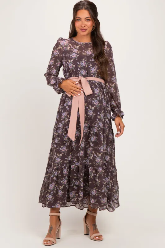 Brown Floral Sash Tiered Maternity Maxi Dress made by Inloom