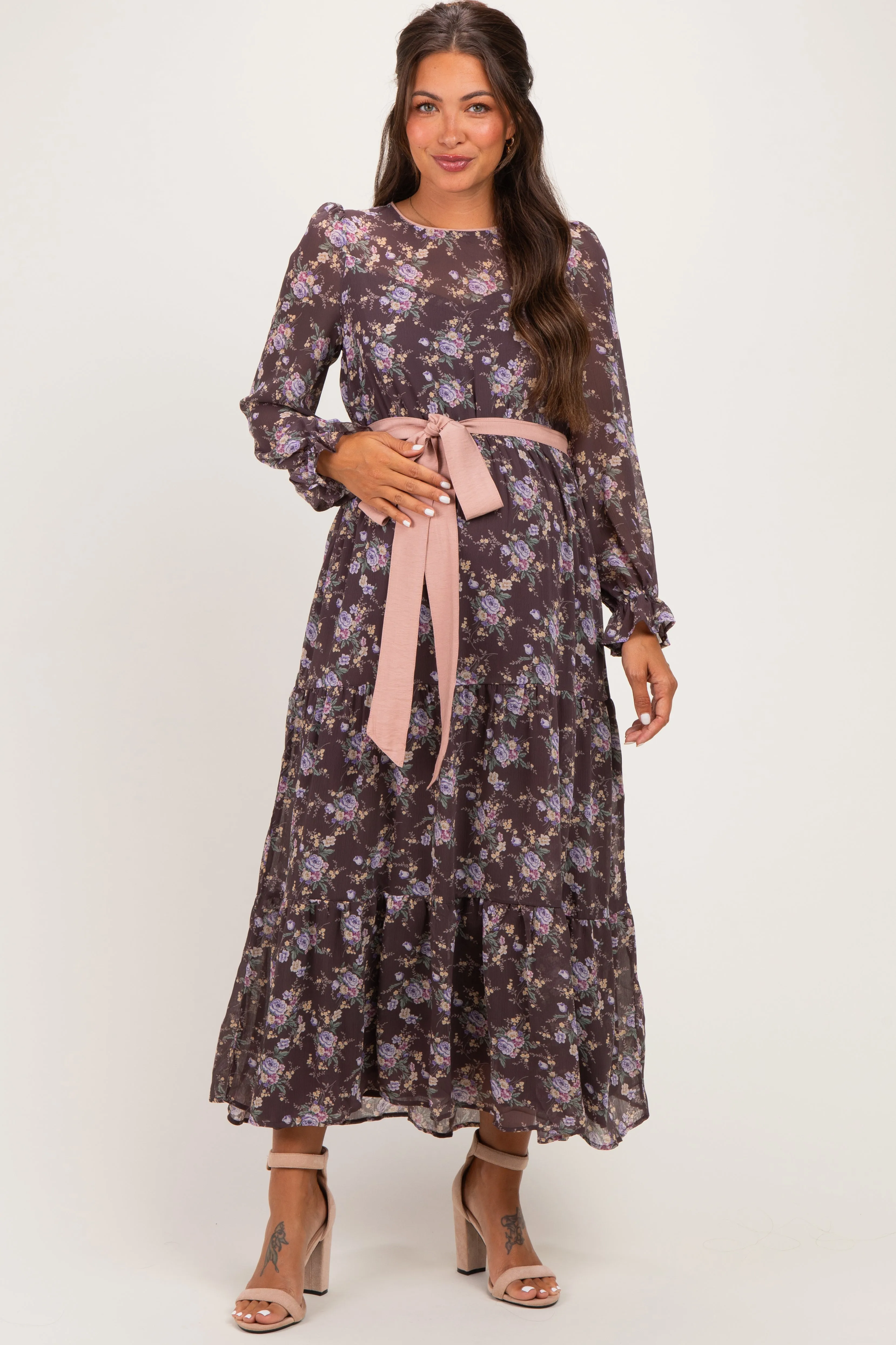 Brown Floral Sash Tiered Maternity Maxi Dress sold by Pinkblush