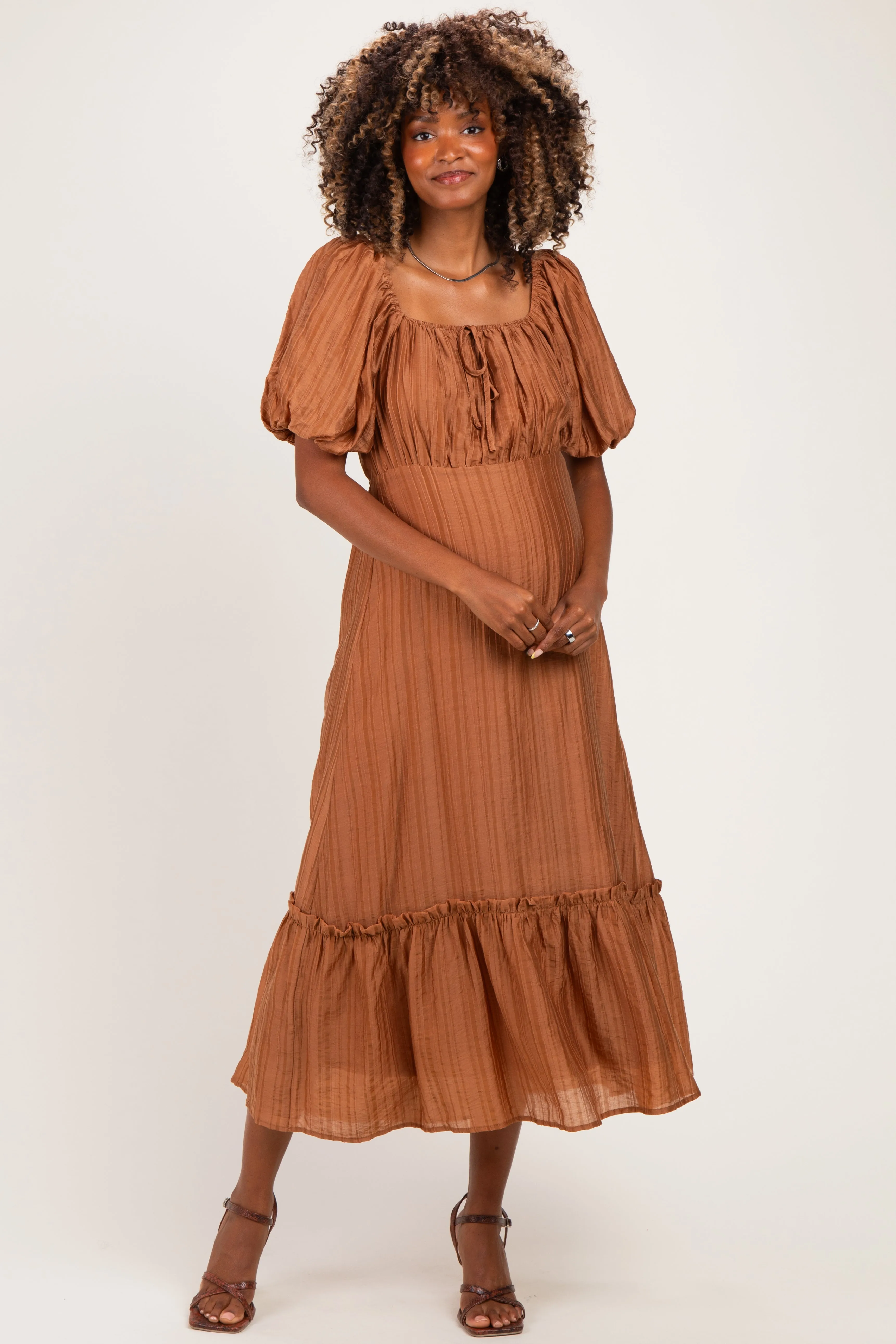 Mocha Textured Woven Square Neck Maternity Midi Dress sold by Pinkblush